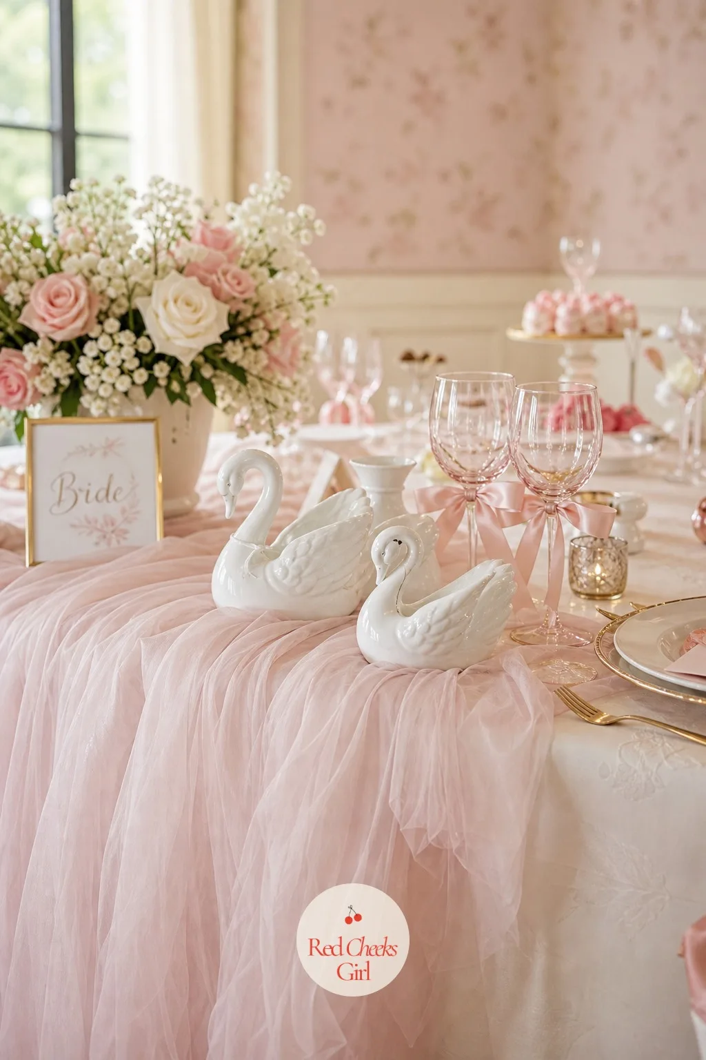 Balletcore — Soft and a little theatrical, borrowed from rehearsal room rather than stage: blush tulle draped loosely along the table edge, loose satin ribbon