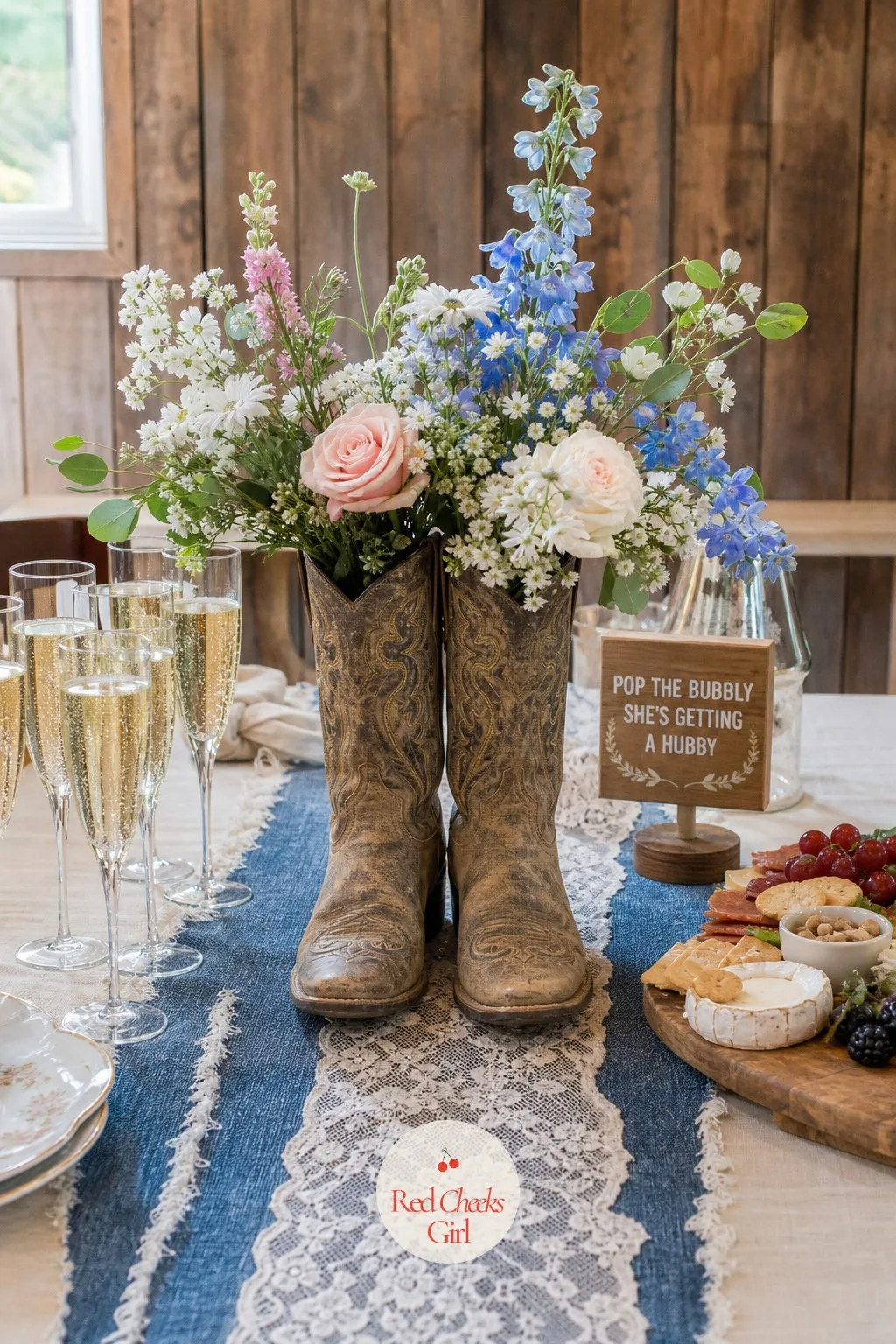 Boots and Bubbly — A pair of worn cowboy boots repurposed as vases sits at the centre of the table, denim runner underneath, a small lace topper layered over