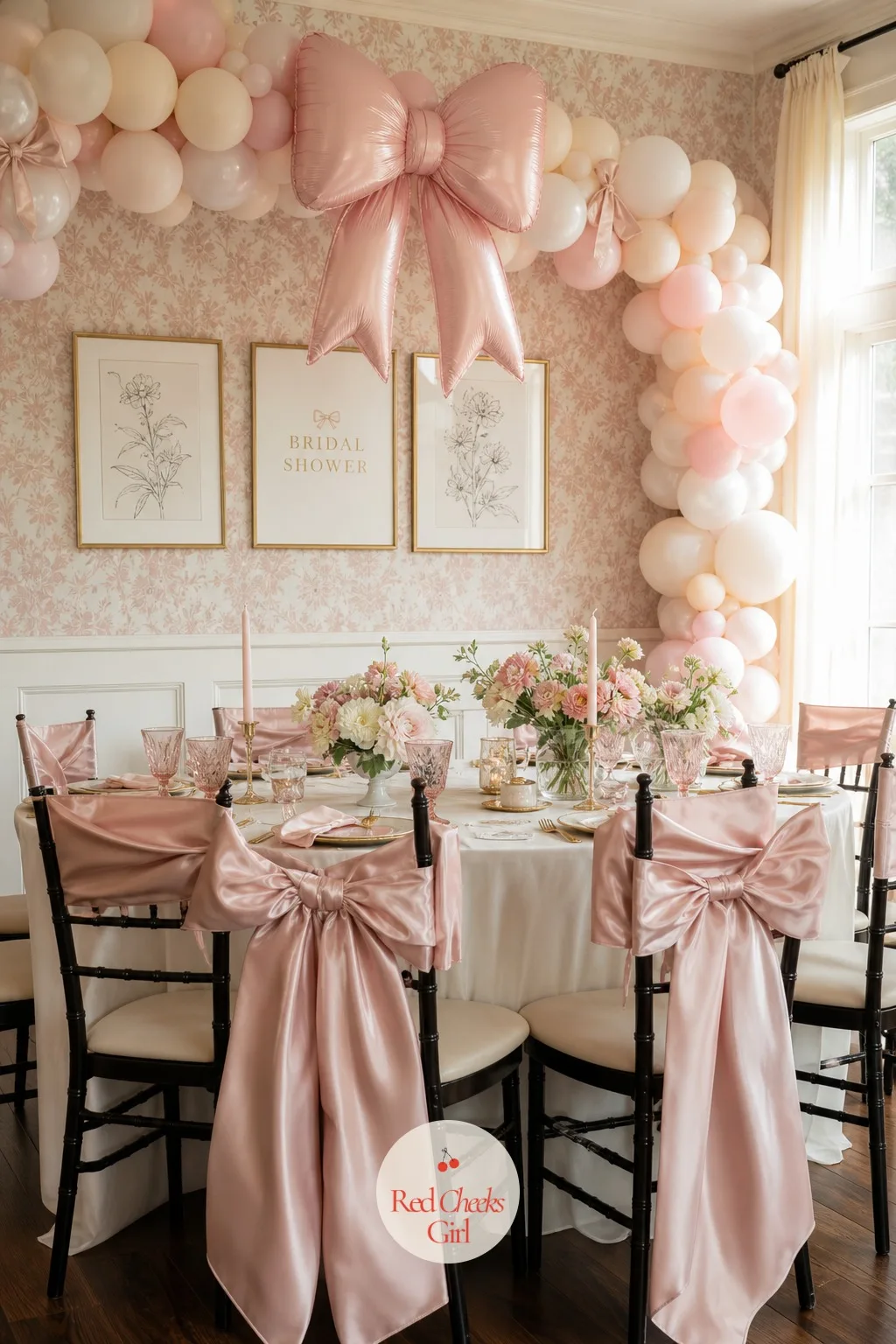 Bows on Everything — One shape, repeated everywhere: satin bows tied to chair backs, a bow balloon garland over the table, bow-shaped cookies on the dessert