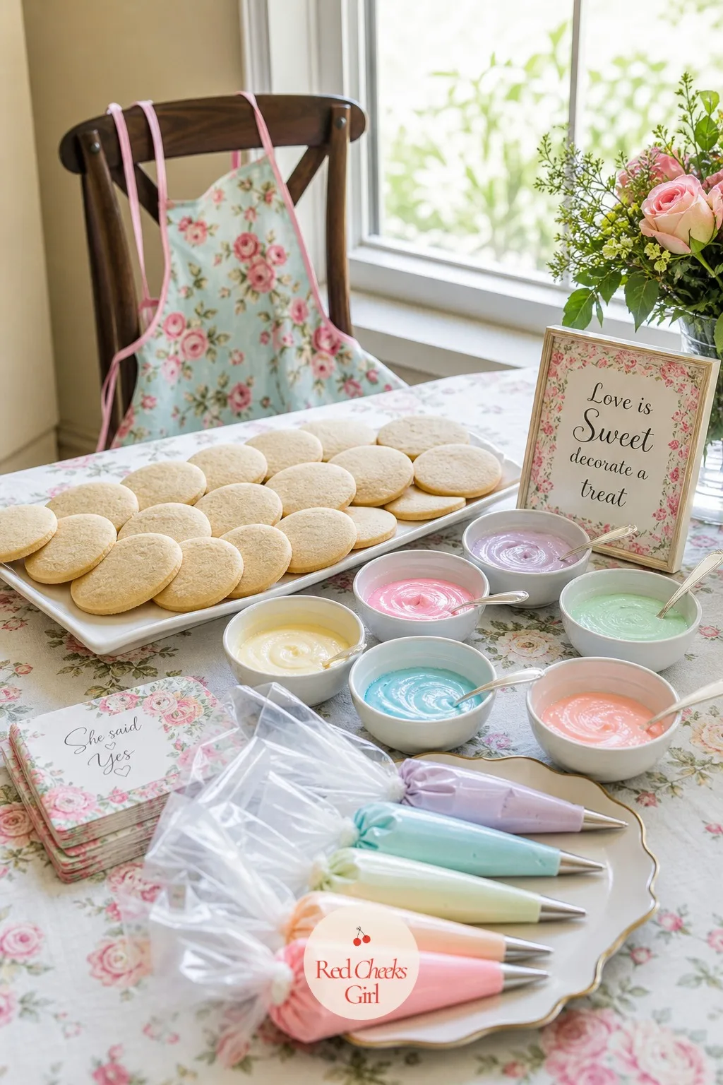 Cookie Decorating — Plain sugar cookies, already baked and cooled, laid out in neat rows with small bowls of icing in two or three pastel tones, piping bags