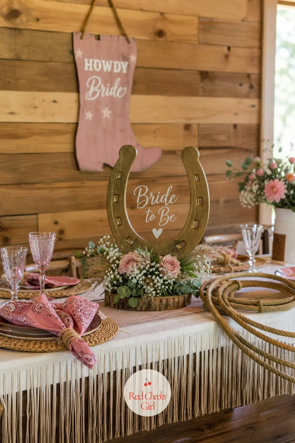 Cowgirl — Fringe trim along the table edge, a horseshoe or two propped as decor rather than a prop belt, bandana print napkins folded simply beside each plate.