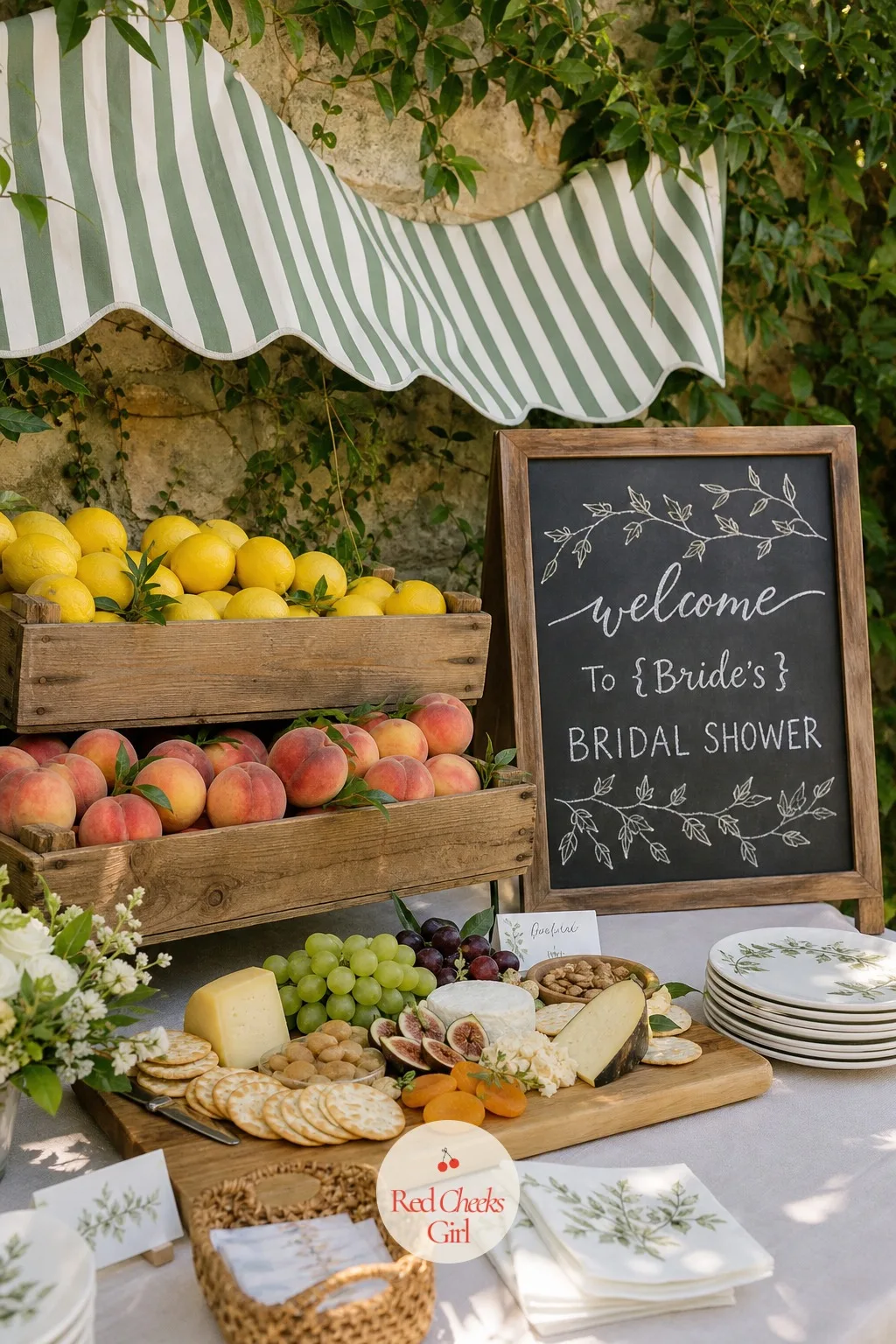 Farmers Market — Wooden crates stacked with real produce do more for this table than any printed sign could, lemons and peaches spilling slightly over the