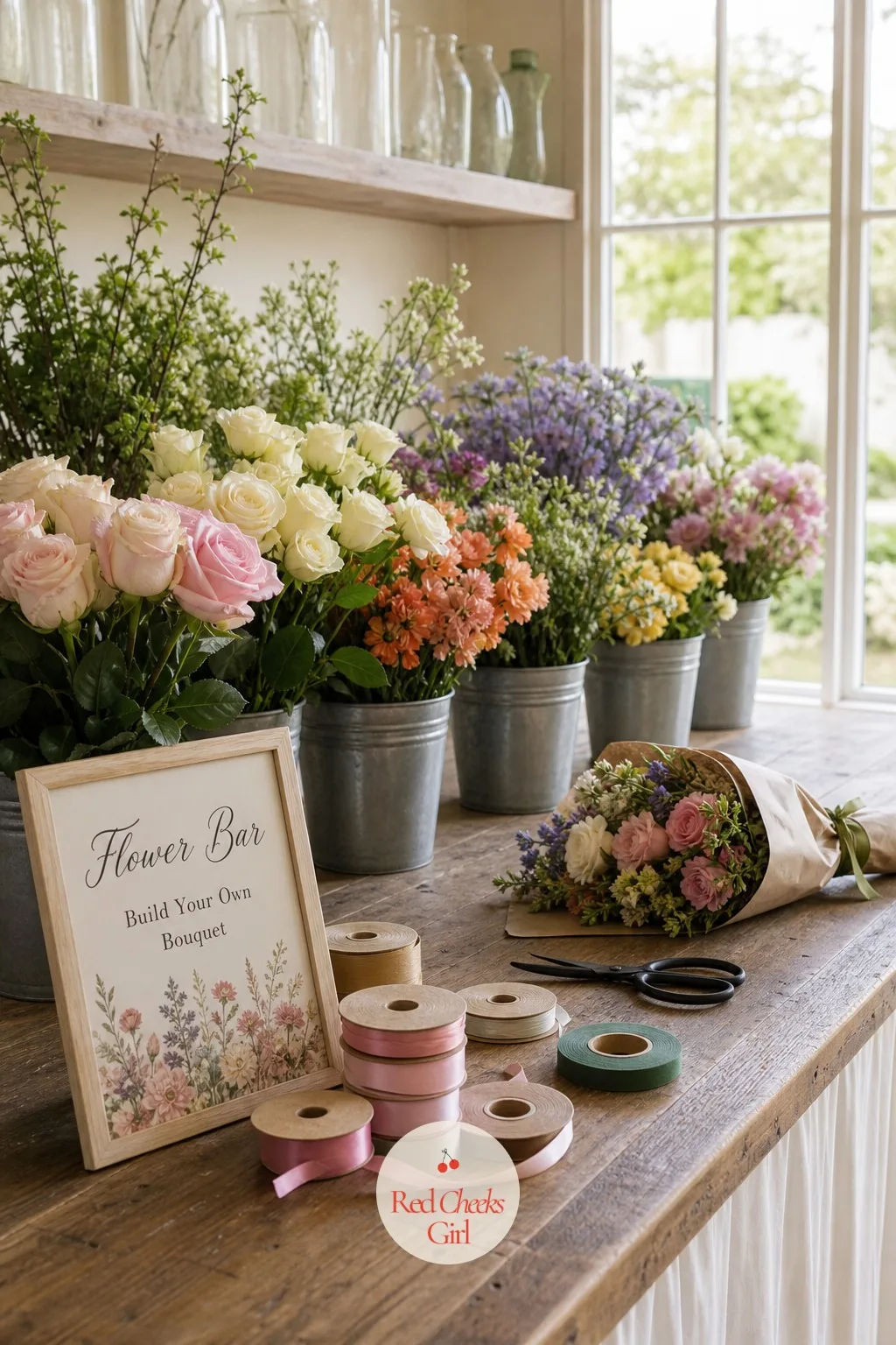 Flower Bar — This one is the activity as much as the decor: buckets of loose stems in several colours, spools of ribbon and floral tape laid out along the