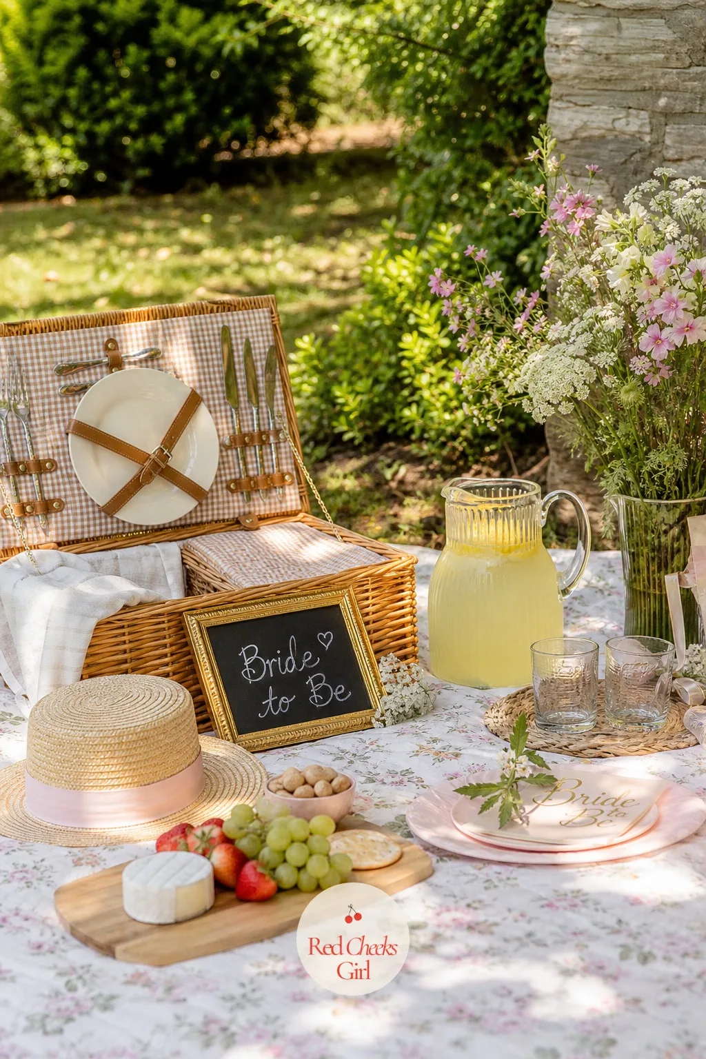 Garden Picnic — Low to the ground and deliberately informal: a floral picnic blanket spread under a tree, wicker baskets doing the job of serving platters