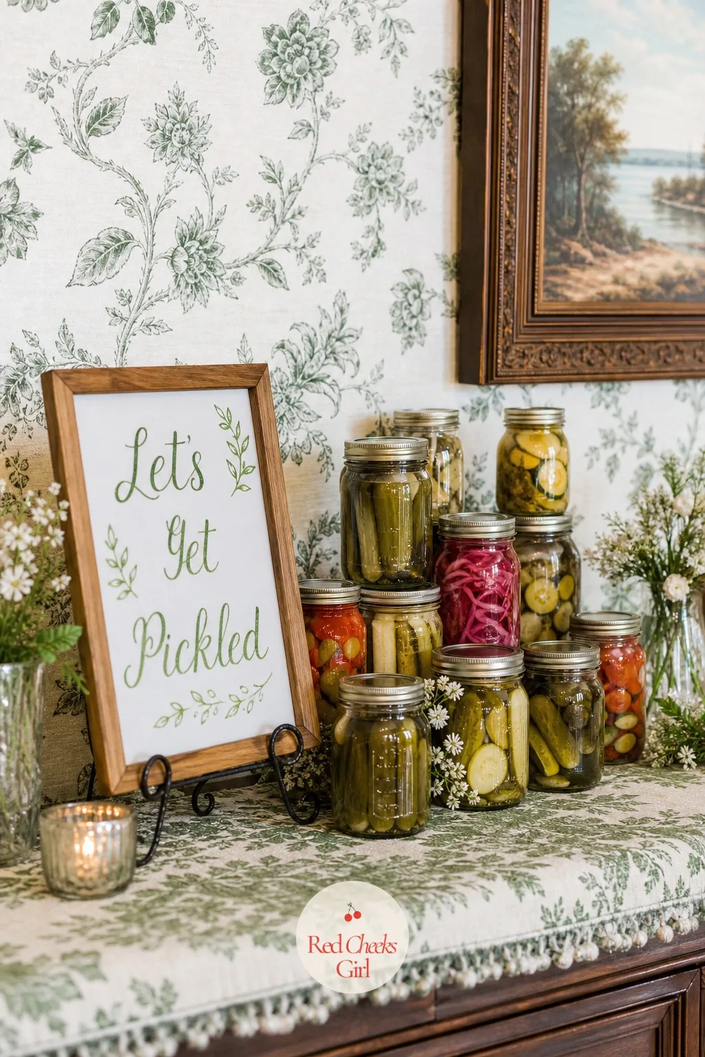 Let's Get Pickled — She would rather have you laugh than sigh at the pun, so commit fully: green and cream palette, glass jars of pickles stacked at different