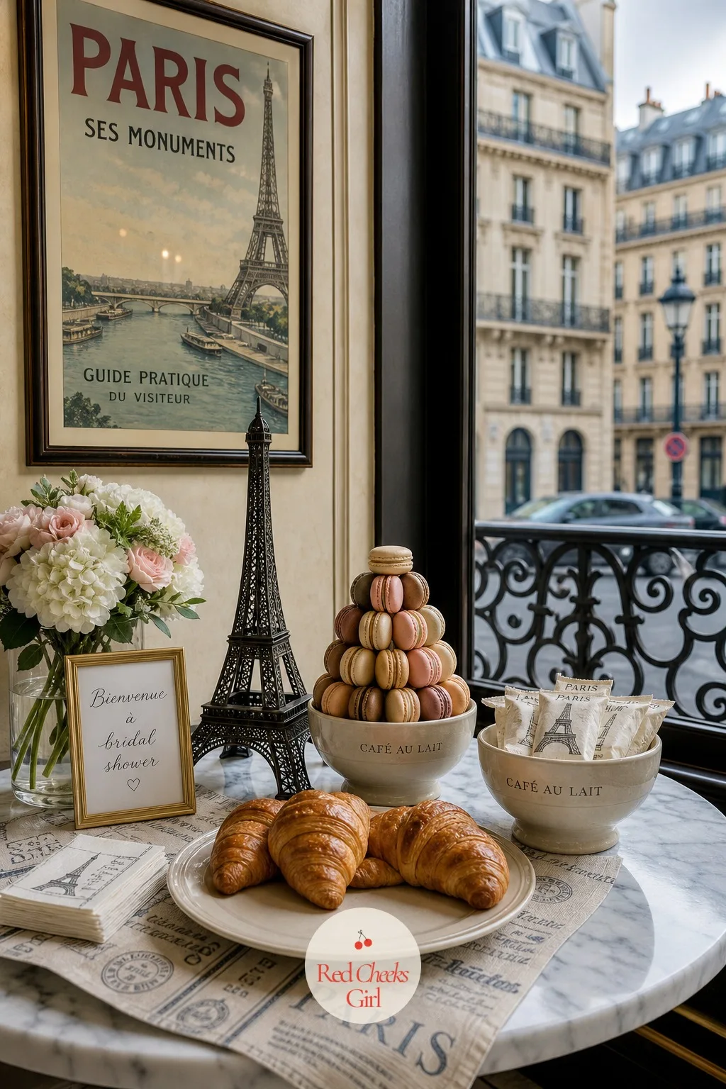 Paris Cafe — A bistro chair or two if the venue has them, a small French poster propped against the wall, a mini Eiffel Tower accent at the centre of the table