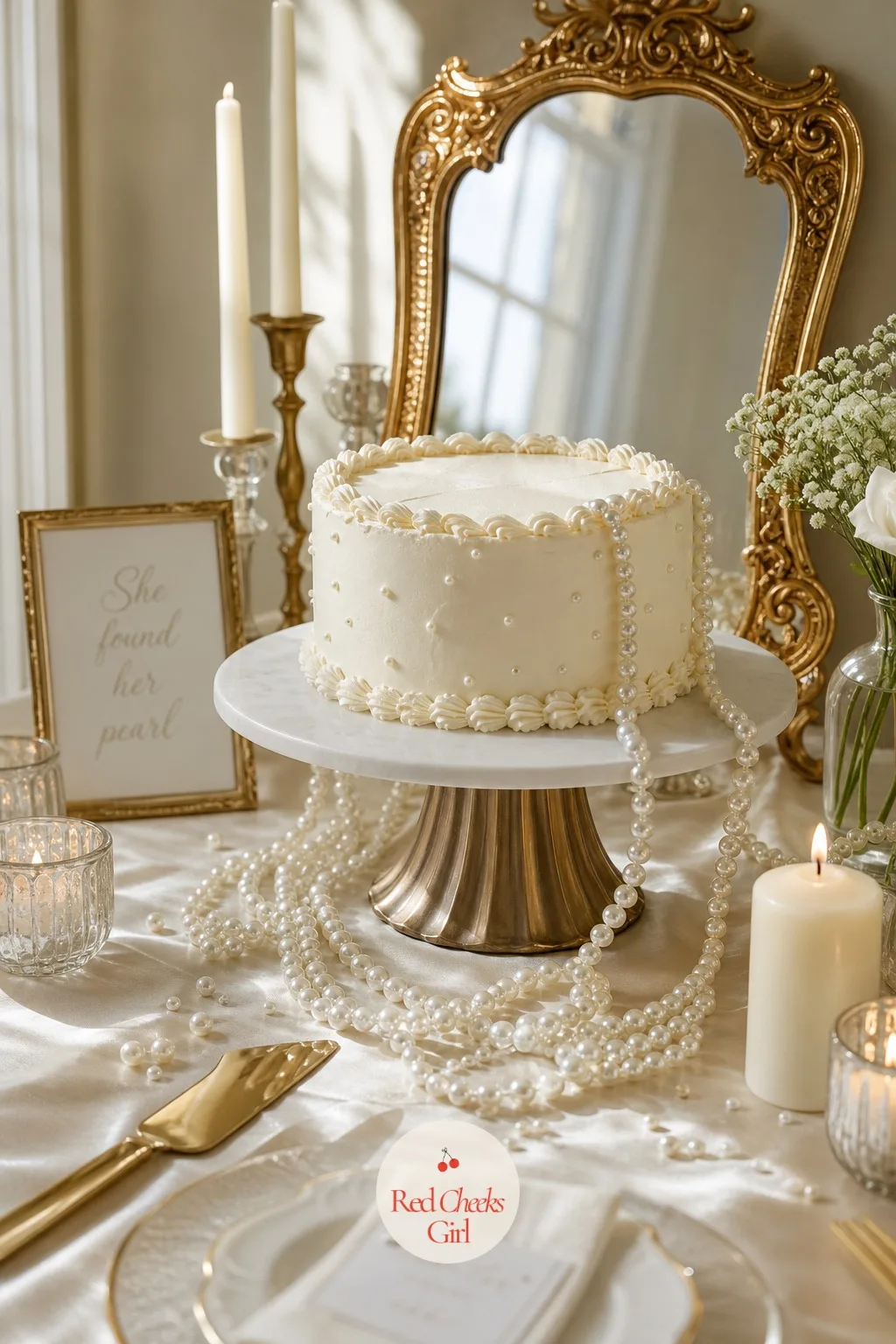 Pearl — One long strand of faux pearls, draped loosely around the base of a cake stand, does more for this table than any amount of extra decor. Bridal shower