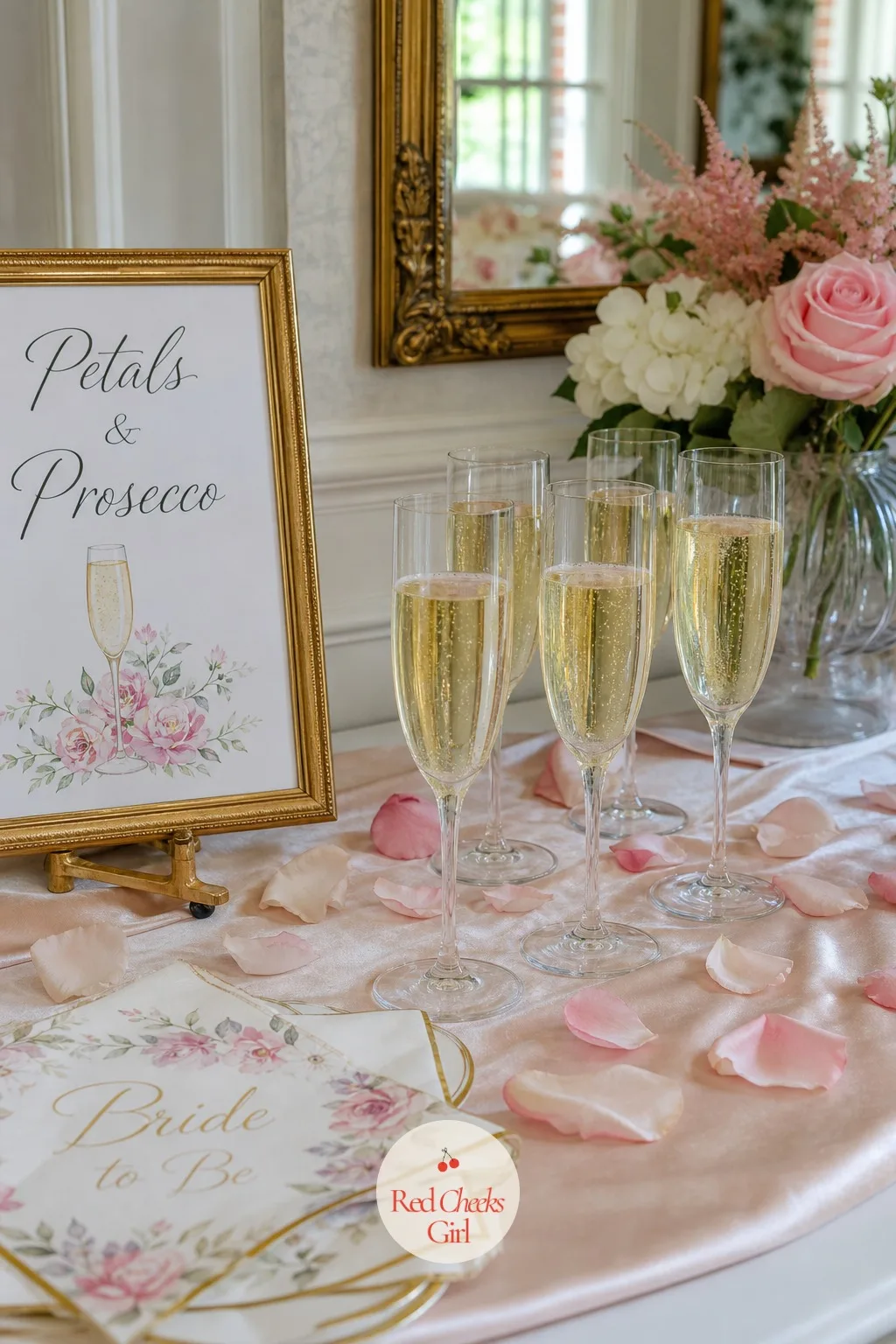 Petals and Prosecco — Rose petals scattered loose across a blush runner look extravagant and cost almost nothing, which is most of why this theme has stayed