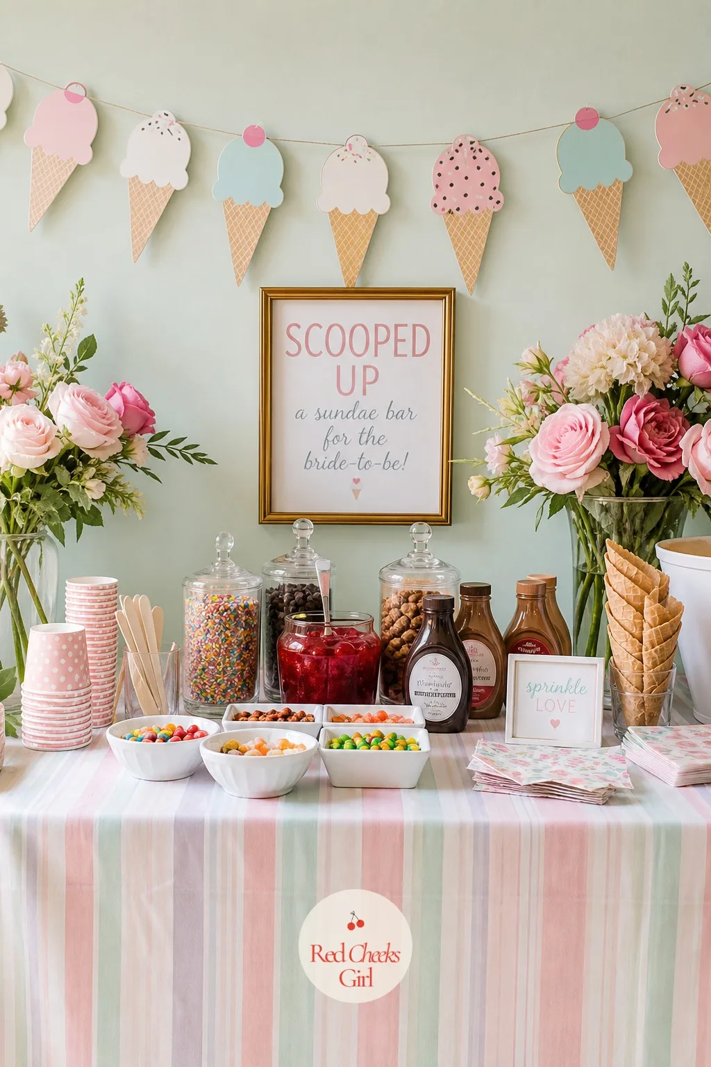 Scooped Up — Pastel everything, striped like an old scoop shop awning, paper cone cutouts strung along the wall rather than real cones left to melt before