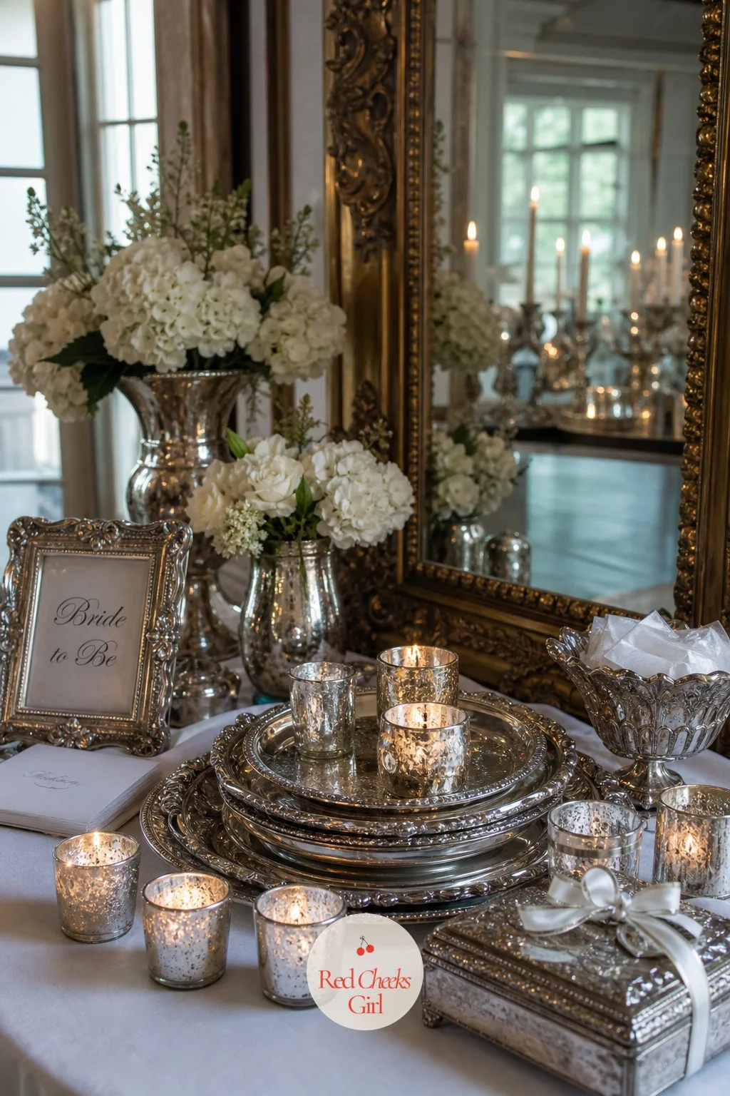 The Silver Era — Monochrome and metallic, borrowed from an older kind of glamour: vintage silver trays stacked at different heights, mercury glass candle