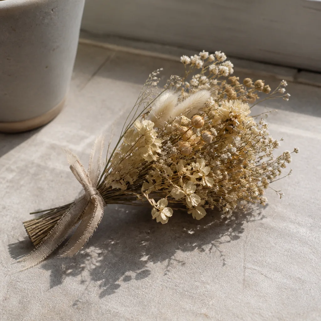 Dried Flower Bouquet — A small bundle of dried flowers lasts on a shelf for months, which is more than can be said for fresh ones in a box that might sit
