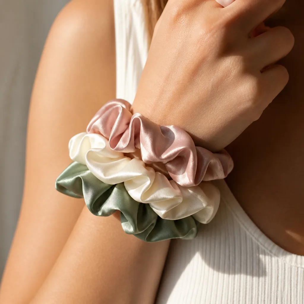 Satin Scrunchie Set — A set of satin scrunchies does the double duty of looking pretty tied around the box and actually protecting her hair at night.