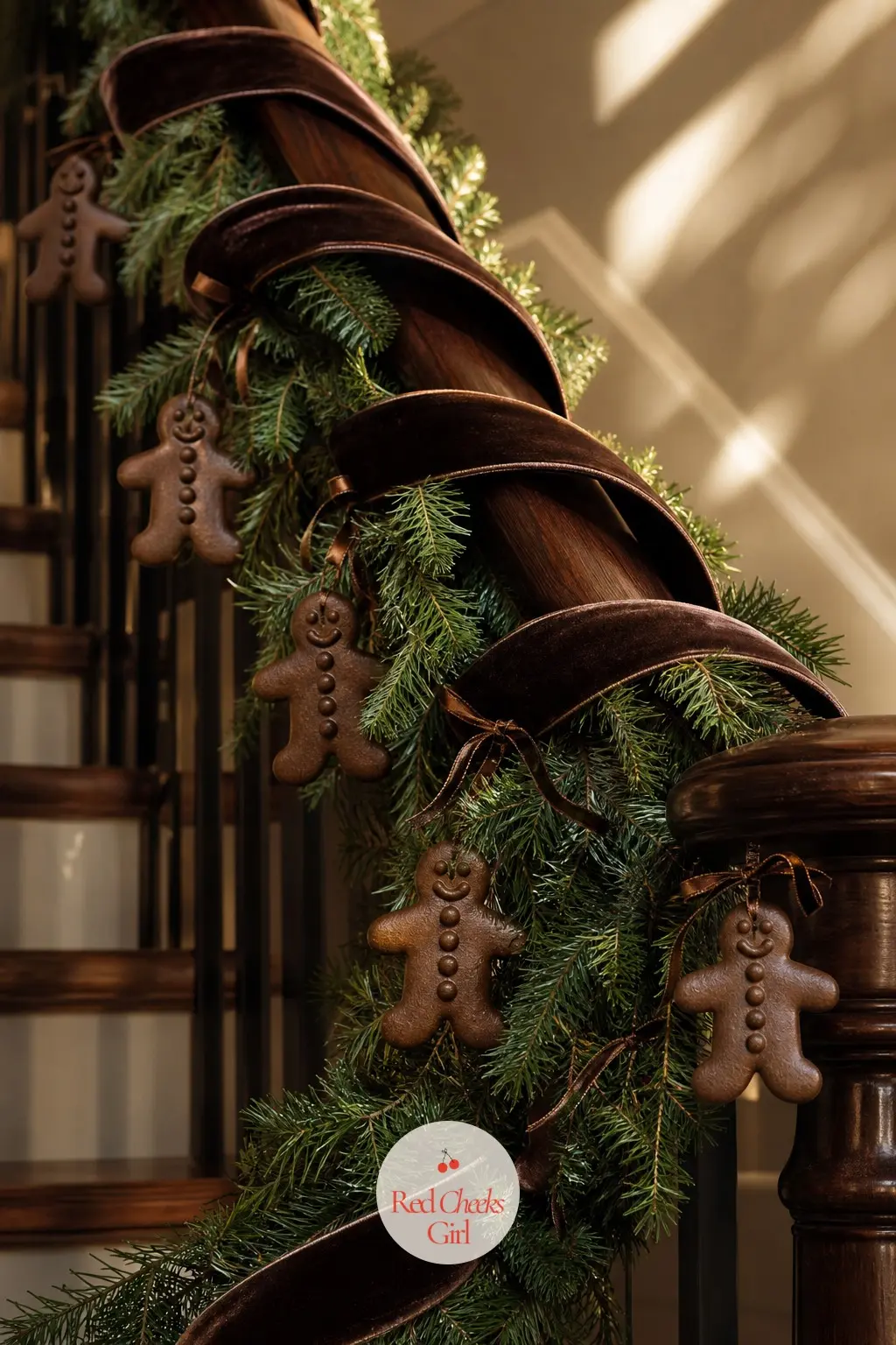 The Banister, Wrapped in 9 Feet of Chocolate Velvet Ribbon and Gingerbread Charms — The staircase gets one continuous run: chocolate velvet ribbon wound