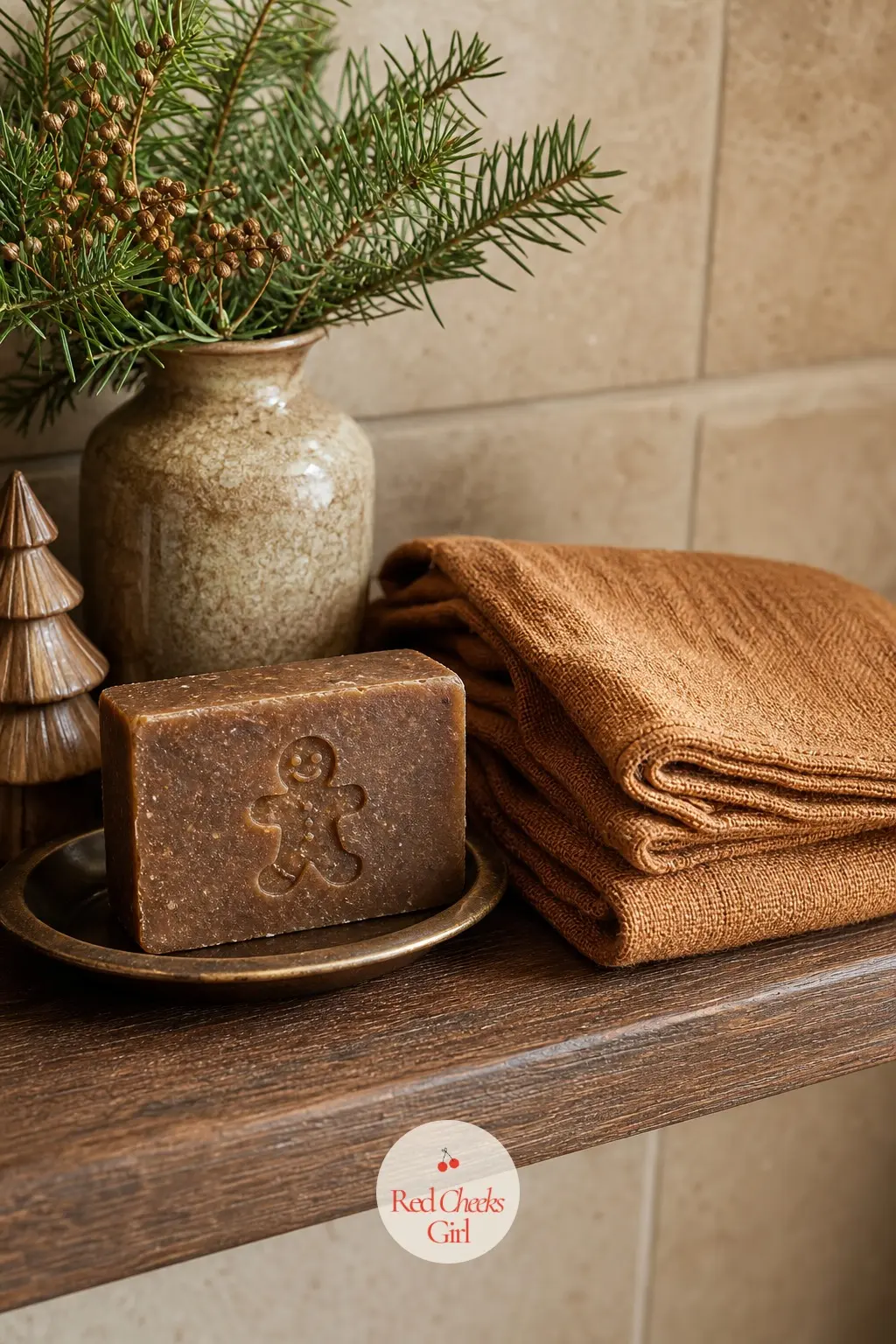 The Bathroom Shelf, Set with Gingerbread Spiced Soap and a Caramel Linen Towel — The last corner in the house: a bar of gingerbread-spiced soap on a small