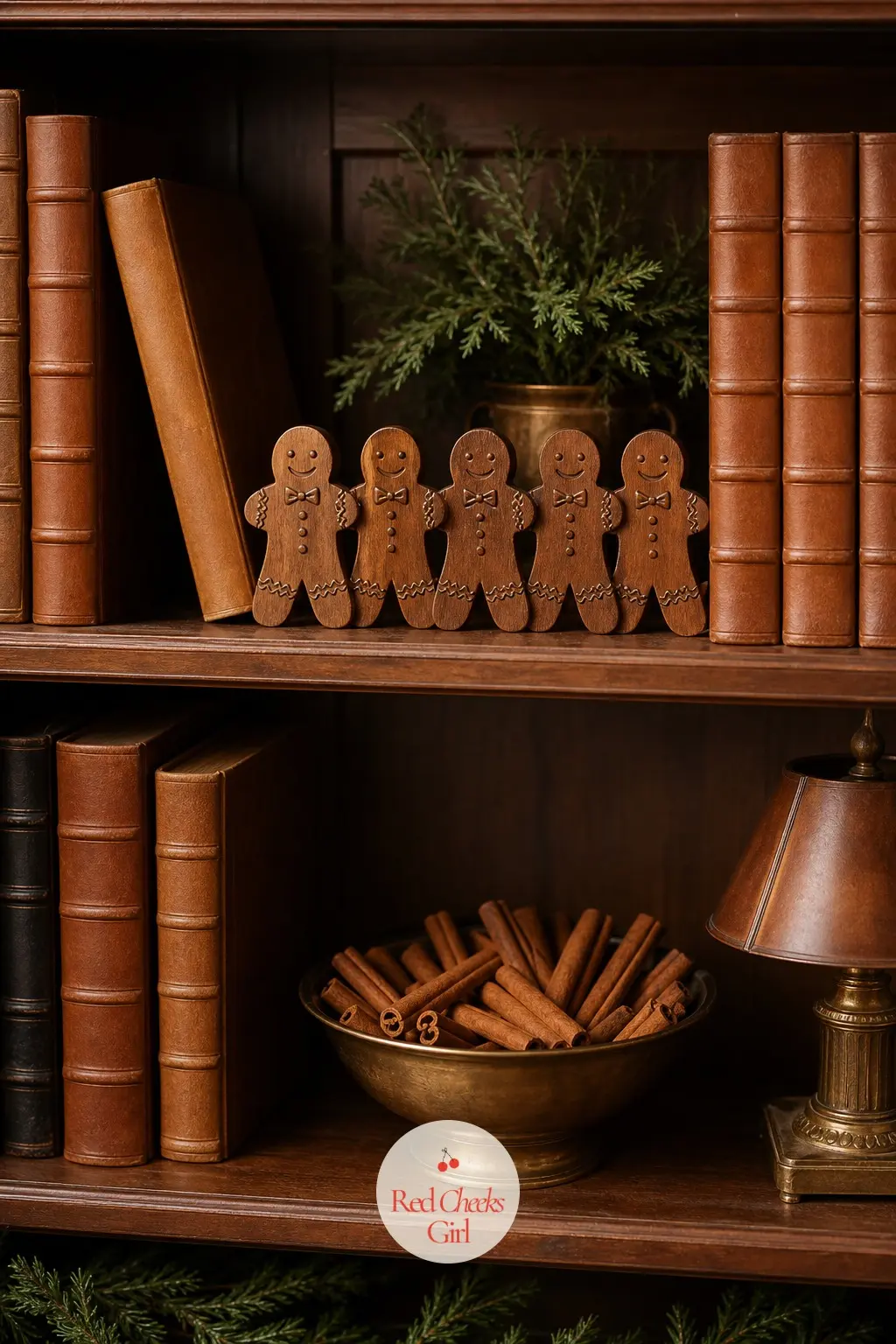 The Bookshelf, Styled with Caramel Leather and a Row of Carved Gingerbread Figures — A bookshelf already half-dressed for Christmas needs very little: a run of