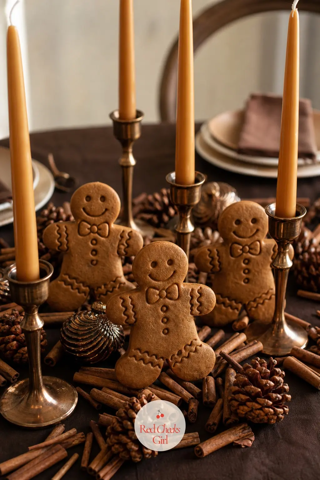 The Centerpiece, Clustered with Caramel Candles and a Trio of Carved Gingerbread Men — The centerpiece keeps to three objects: a cluster of caramel taper