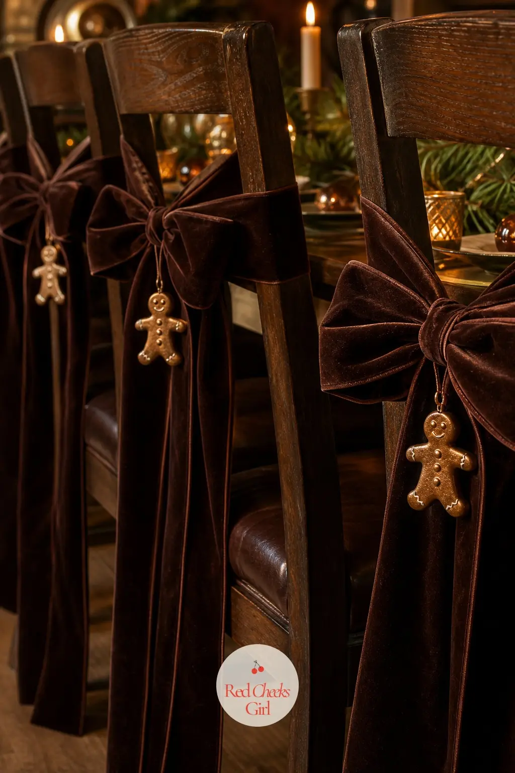 The Chair Backs, Tied with 6 Chocolate Velvet Bows and a Gingerbread Charm — Six chairs, six chocolate velvet bows, each with one small bronze gingerbread