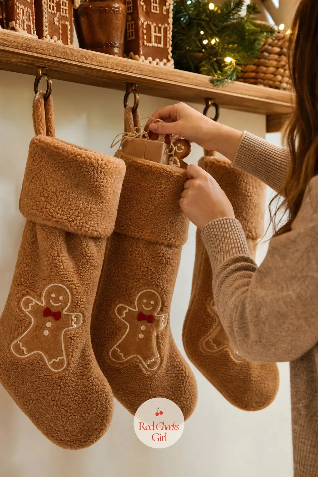 The Children's Stockings, Hung in 3 Caramel Fleece with Gingerbread Appliqué — Three stockings in caramel fleece, each with a felt gingerbread man appliqued