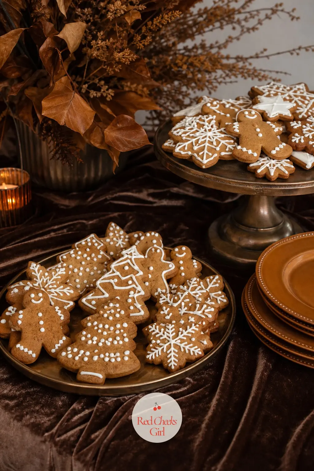 The Dessert Table, Set with Iced Gingerbread Cookies and a Chocolate Velvet Cloth — A small dessert table covered in a chocolate velvet cloth holds a platter