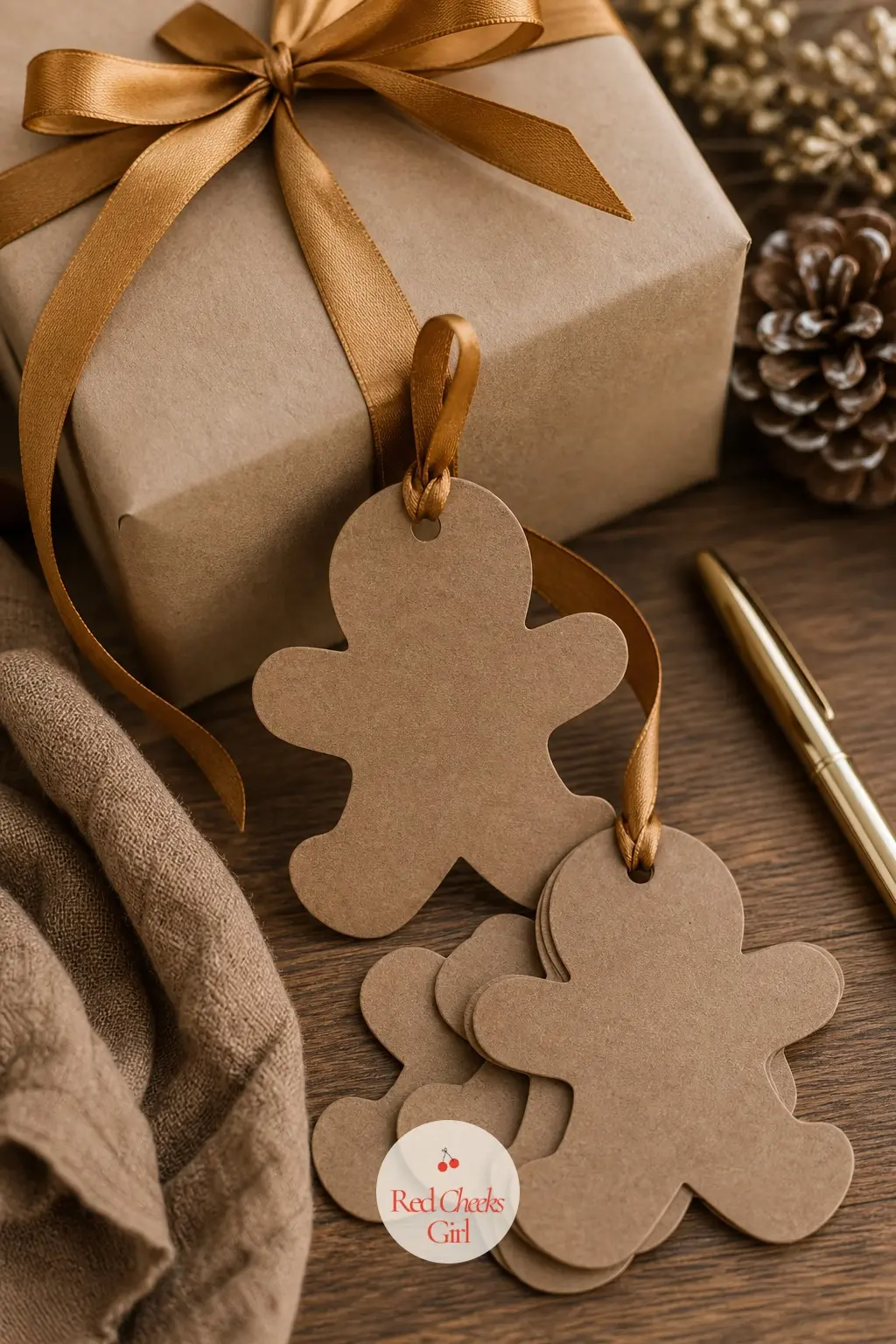 The Gift Tags, Cut into Little Gingerbread Men Shapes — The smallest corner in the house and the one closest to the reader's hand: gift tags cut from brown