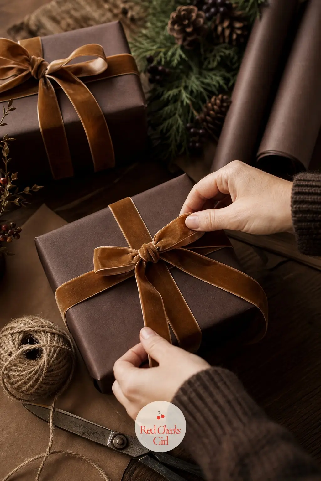The Gift Wrapping Station, Papered in 2 Rolls of Chocolate Kraft Paper and Caramel Ribbon — A close shot on the parcels themselves: chocolate brown kraft