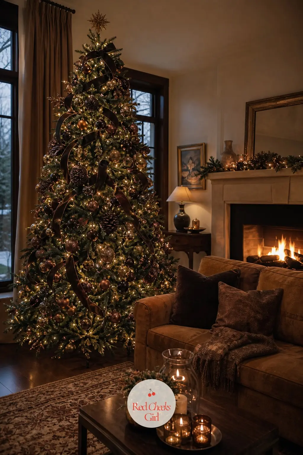 The Living Room, Glowing Around a Tree Trimmed in Cocoa Velvet and Bronze — This is the wide shot, the one that makes a reader stay on the page: a tree dressed