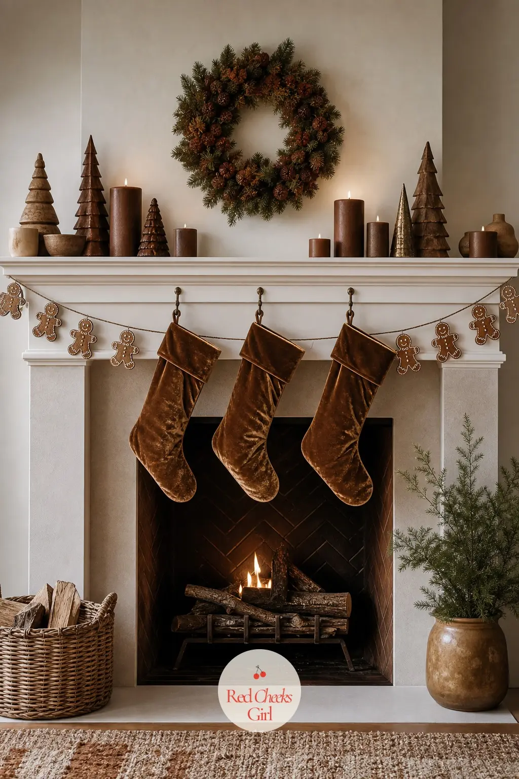 The Mantel, Lined with Caramel Velvet Stockings and a Gingerbread Garland — Three caramel velvet stockings hang from bronze hooks, and underneath them runs a