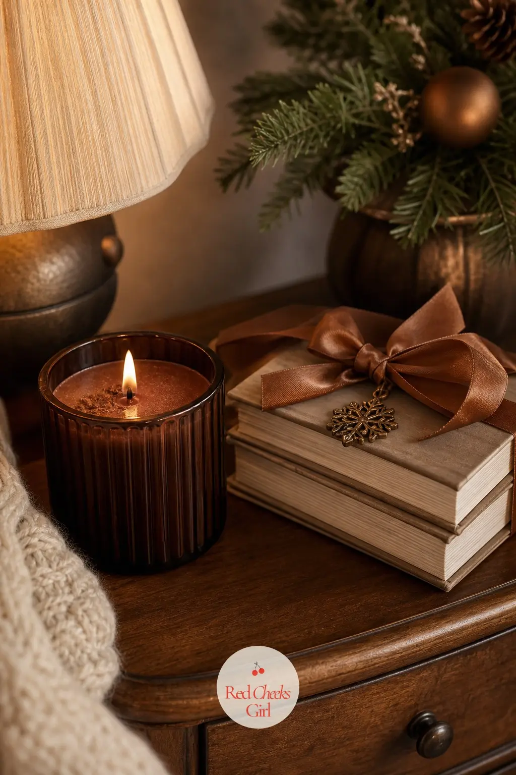 The Nightstand, Set with a Cocoa Candle and a Caramel Ribbon-Tied Stack of Books — A bedroom nightstand needs almost nothing: one cocoa candle scented like