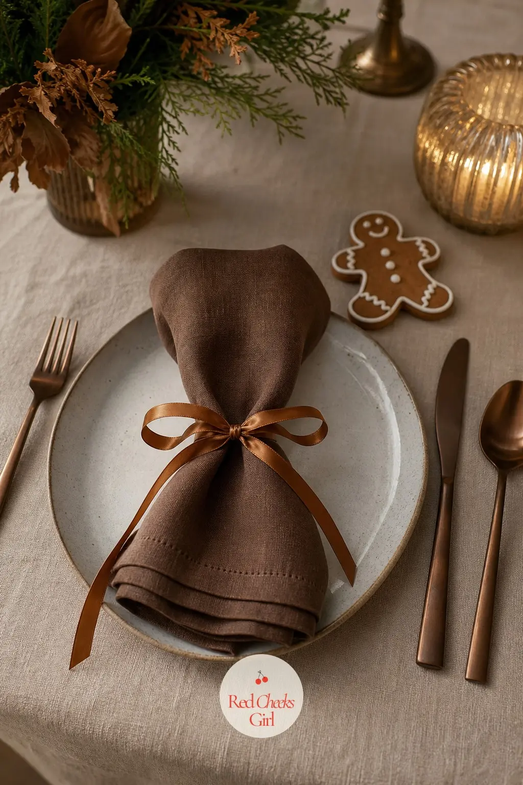 The Place Setting, Laid with 12 Cocoa Linen Napkins and a Gingerbread Place Card — Twelve cocoa linen napkins, each tied with a thin caramel ribbon, carry a