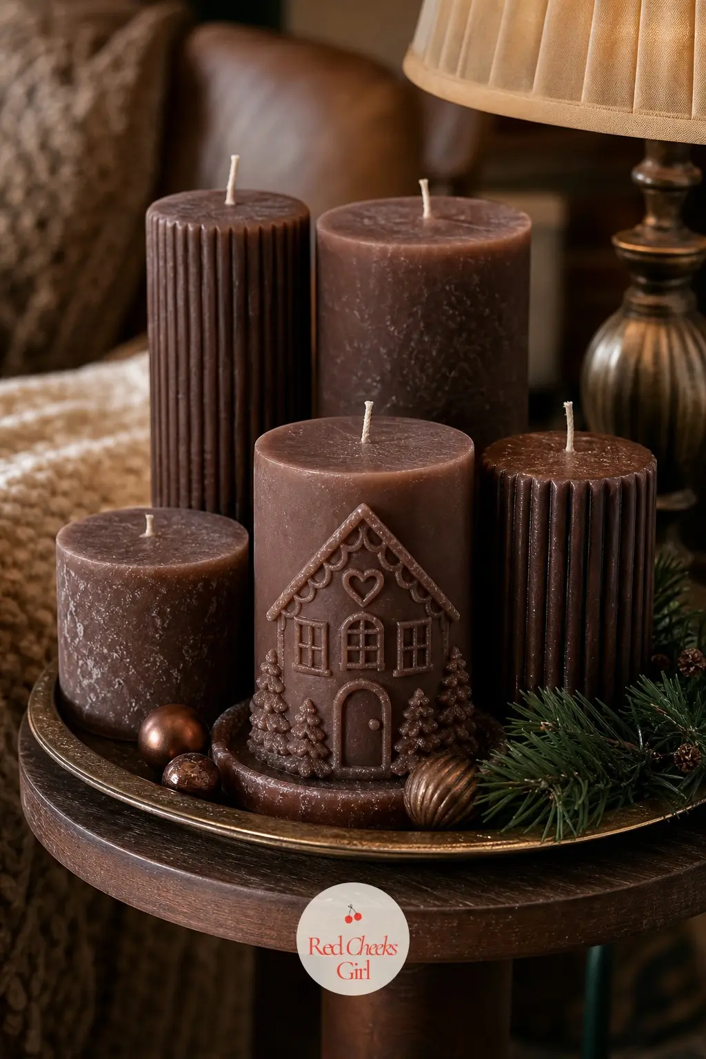 The Side Table, Set with a Cluster of Cocoa Candles and a Pressed Gingerbread Pillar — A small side table beside the sofa holds a cluster of candles in cocoa