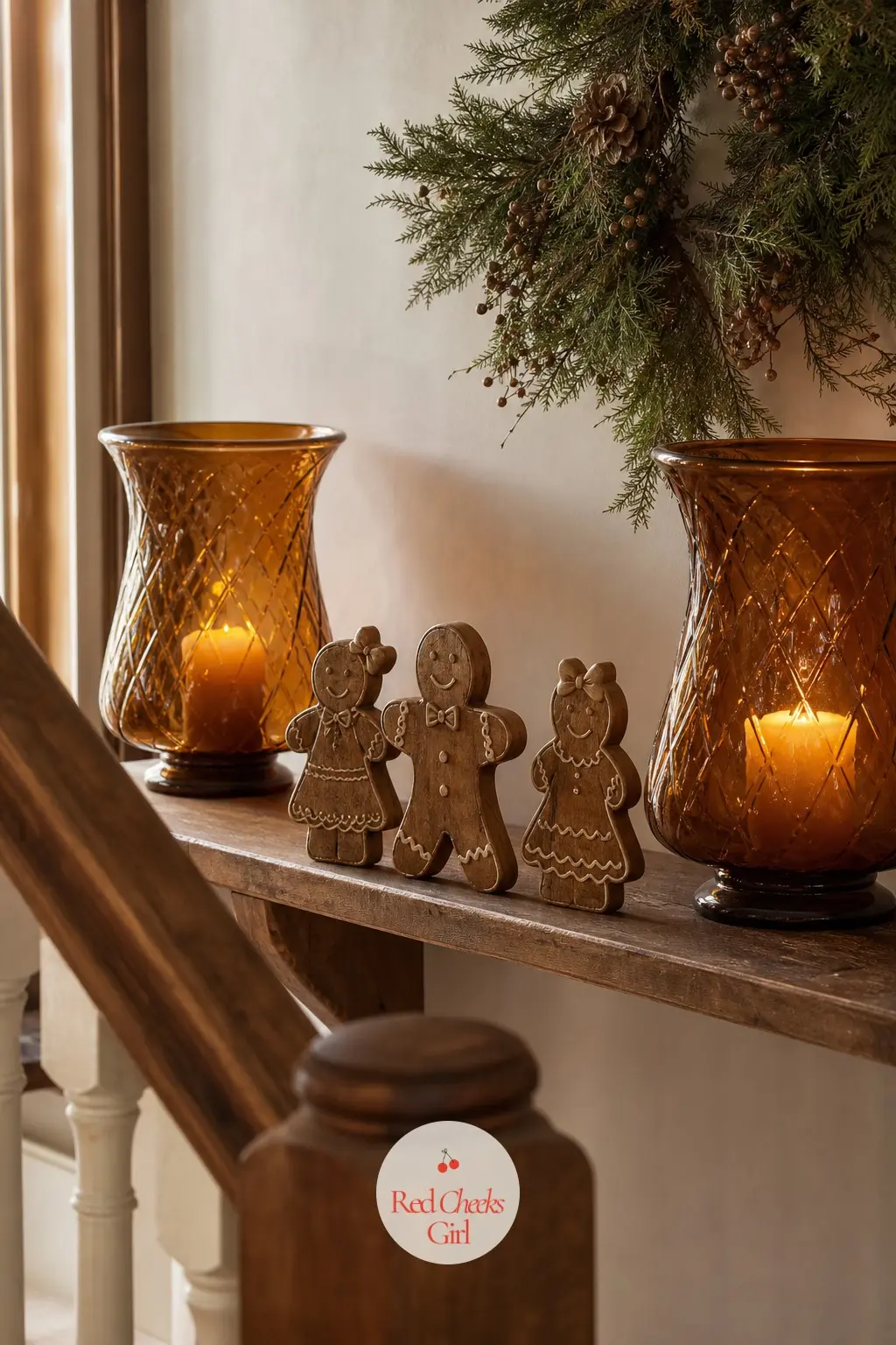 The Stair Landing, Set with a Pair of Caramel Glass Lanterns and Three Carved Figures — The half-landing at the turn of the stairs is easy to forget and easy