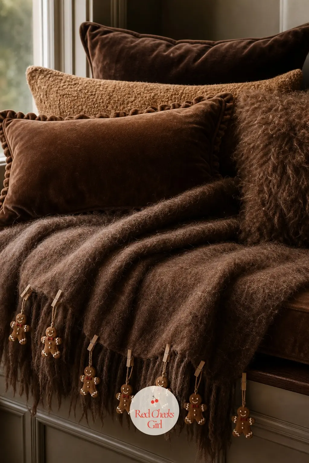 The Window Seat, Piled with Chocolate Mohair and a Cluster of Tiny Gingerbread Ornaments — A window seat piled with chocolate and caramel cushions is the kind