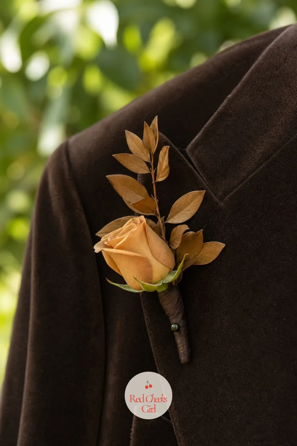 Boutonnieres in Toffee Foliage and Caramel Rosebuds — Pinned to a lapel, this is the smallest version of the floral motif in the whole wedding, just one