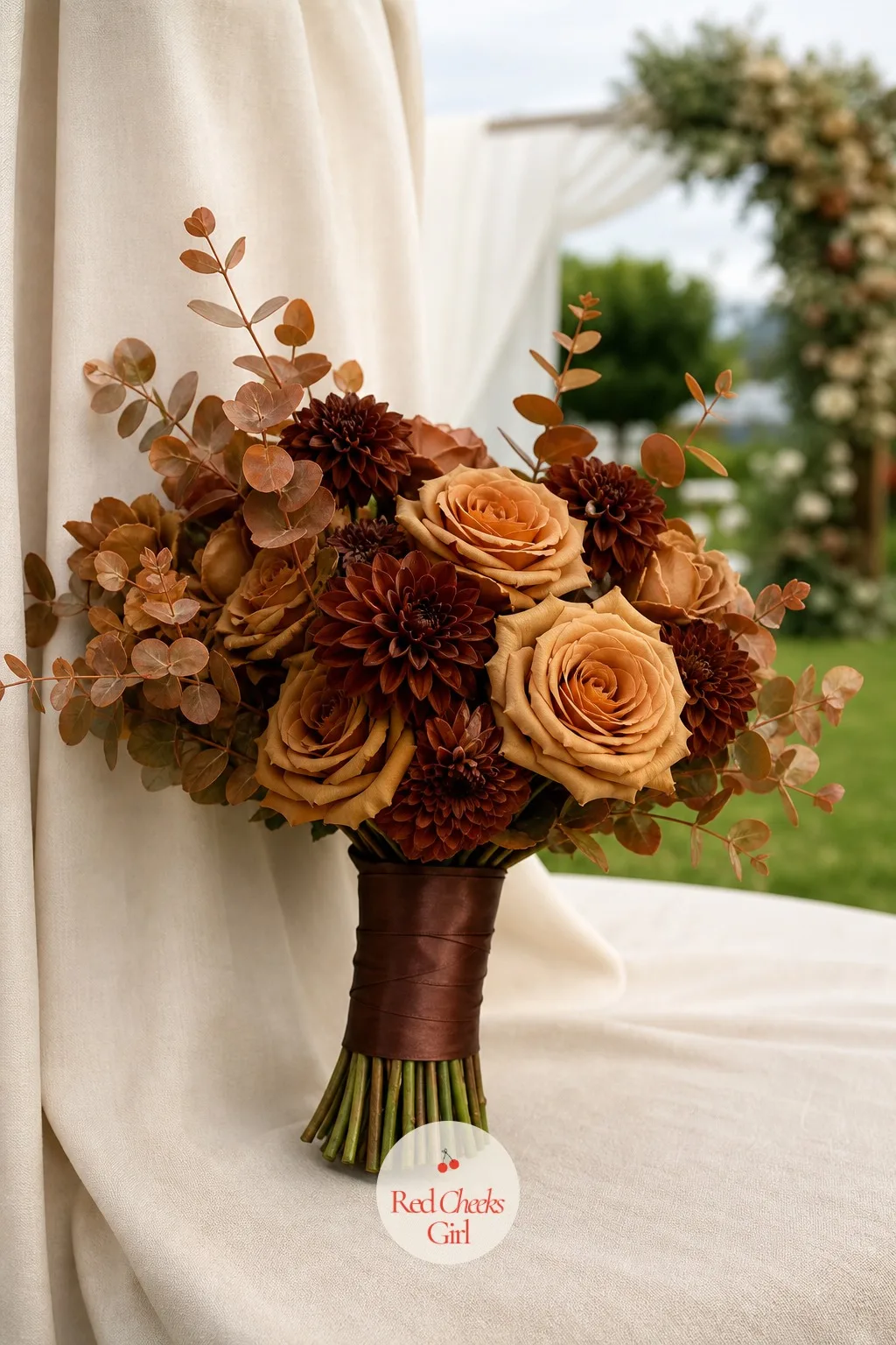 Bridal Bouquet Wrapped in Brown Satin Ribbon — Carried down the aisle and into every photo afterward, this is the motif at its most concentrated: caramel rose