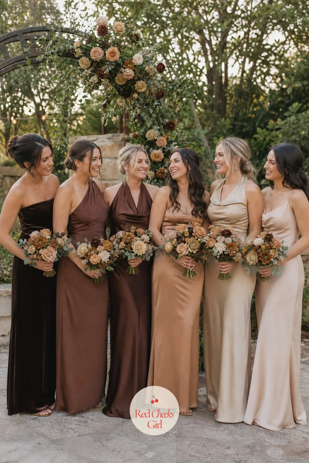 Bridesmaid Dresses from Espresso to Latte — Standing together for photos, each dress sits in a different shade of brown, from deep espresso to pale latte, and