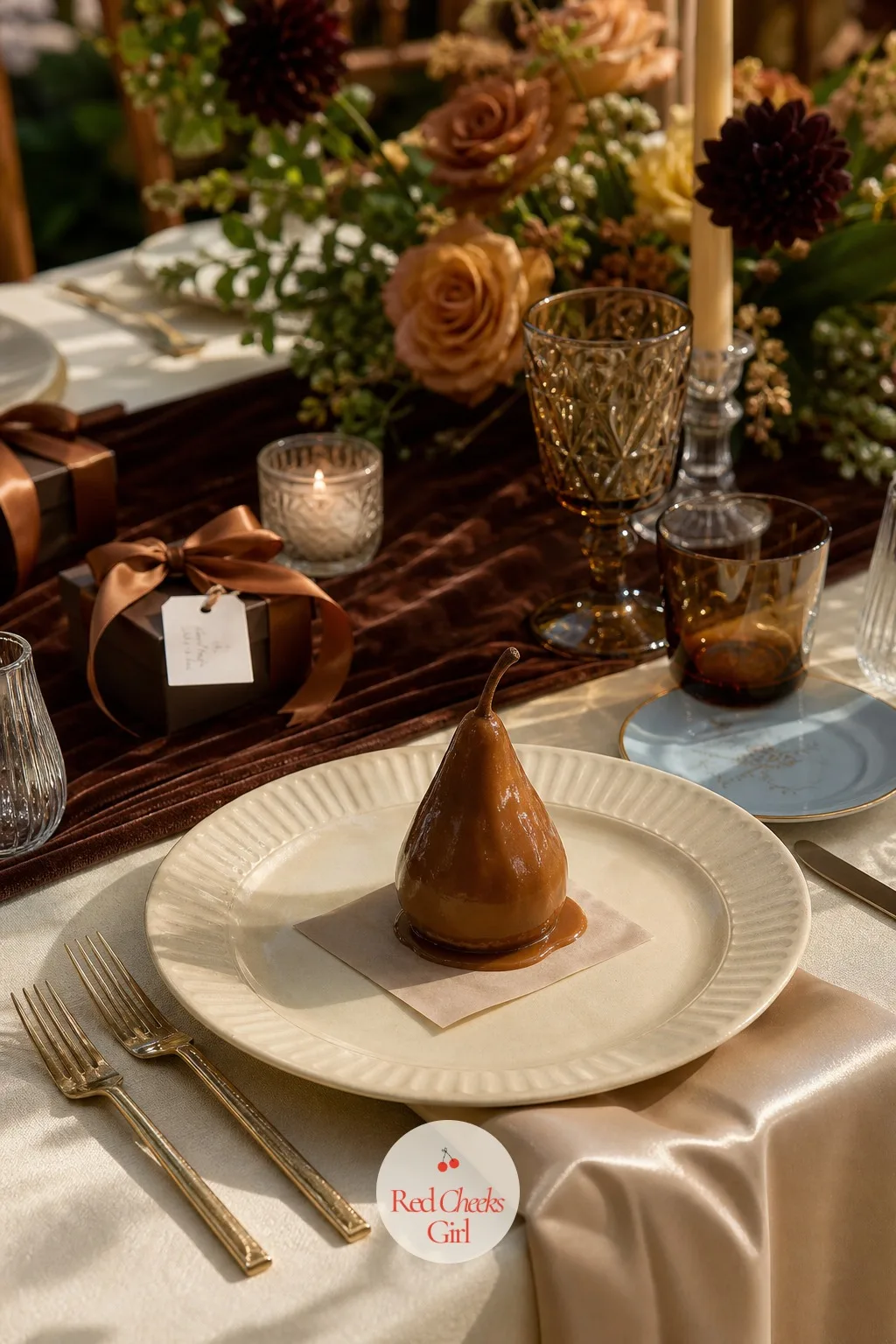 Caramel-Dipped Pear at Every Place — Sitting on a small plate at each setting, this one is edible, which makes it the most delightful detail on the table.
