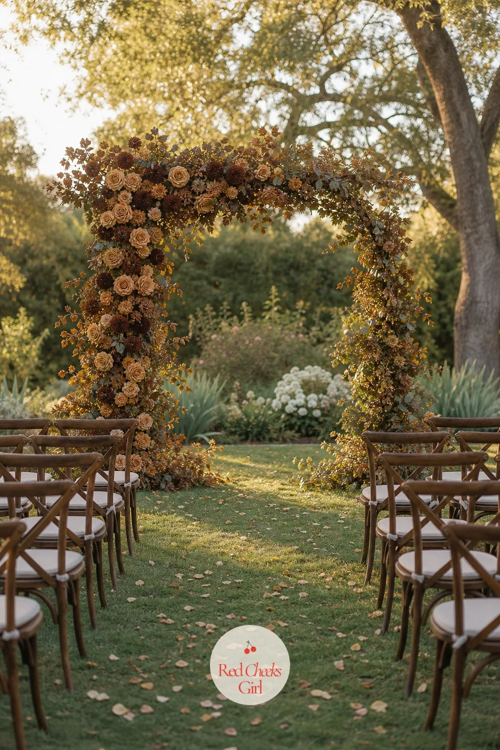Ceremony Arch in Caramel Roses and Brown Dahlias — This is the first full view of the theme, standing at the front of the aisle with a garden or a terrace