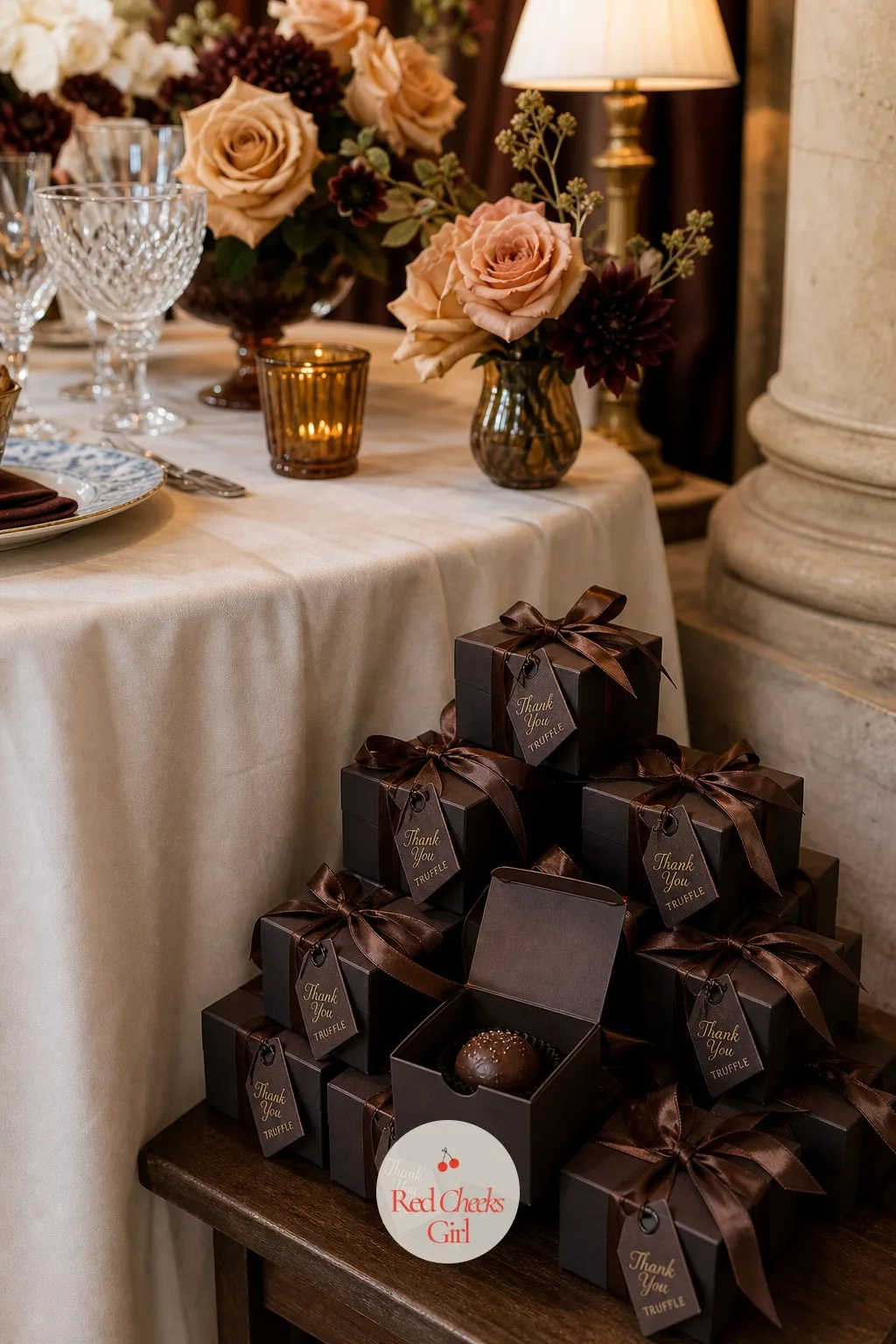Chocolate Truffle Favors in Brown Boxes — Stacked near the exit or set at each place, this is the one thing every guest actually eats after the wedding is