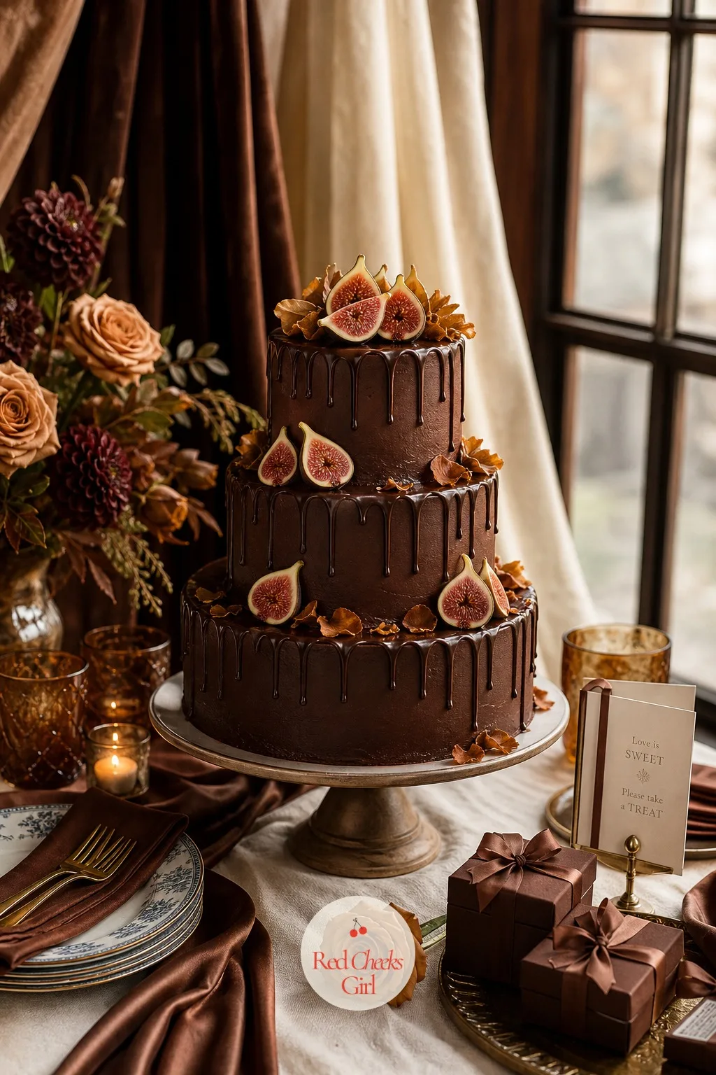 Chocolate-Glazed Wedding Cake with Fresh Figs — Standing as the centerpiece of the dessert table, this cake does not need sugar flowers or piping to look