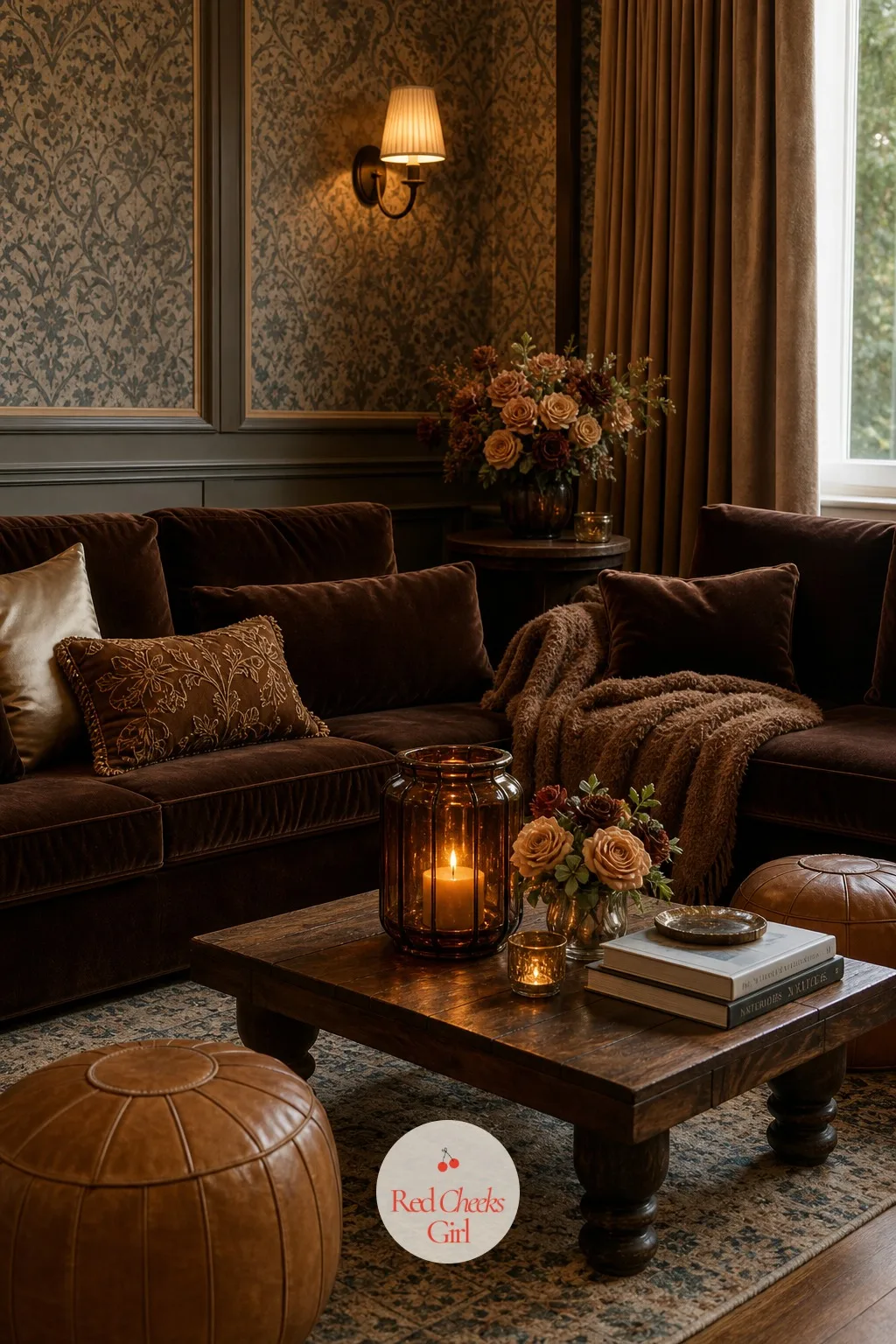 Cocktail Hour Lounge in Espresso Velvet and Caramel Leather — Tucked into a corner of the reception space, this is where guests drift during cocktail hour