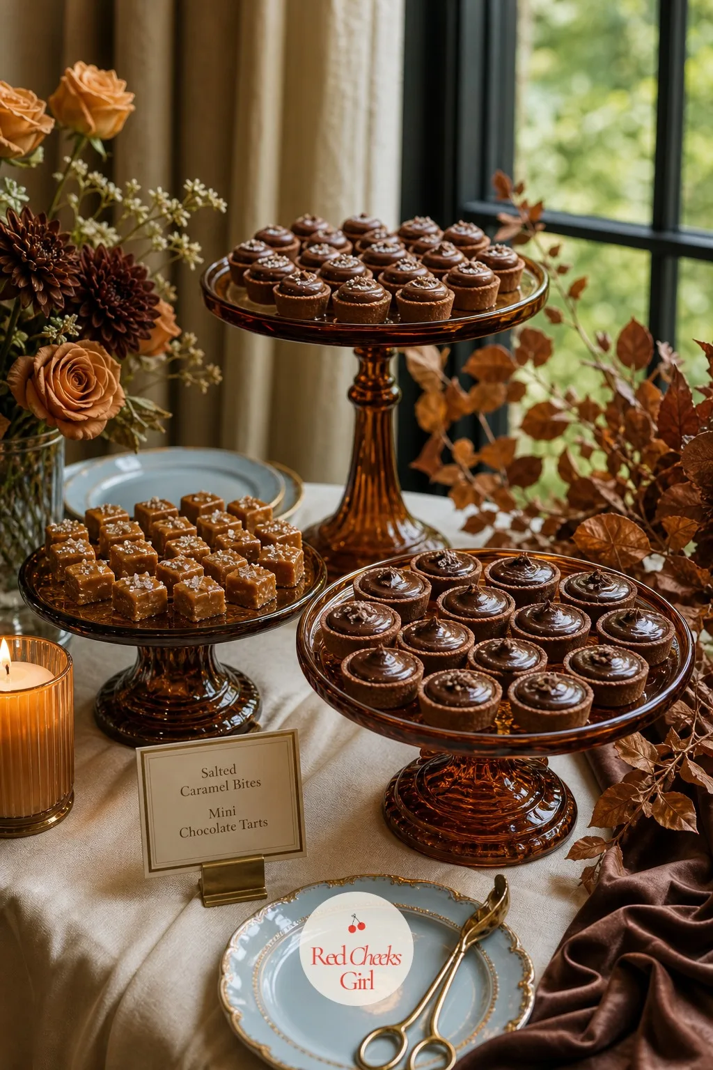 Dessert Table of Salted Caramel Bites and Mini Chocolate Tarts — Spread out beside the cake, this gives guests something to pick at without cutting into a
