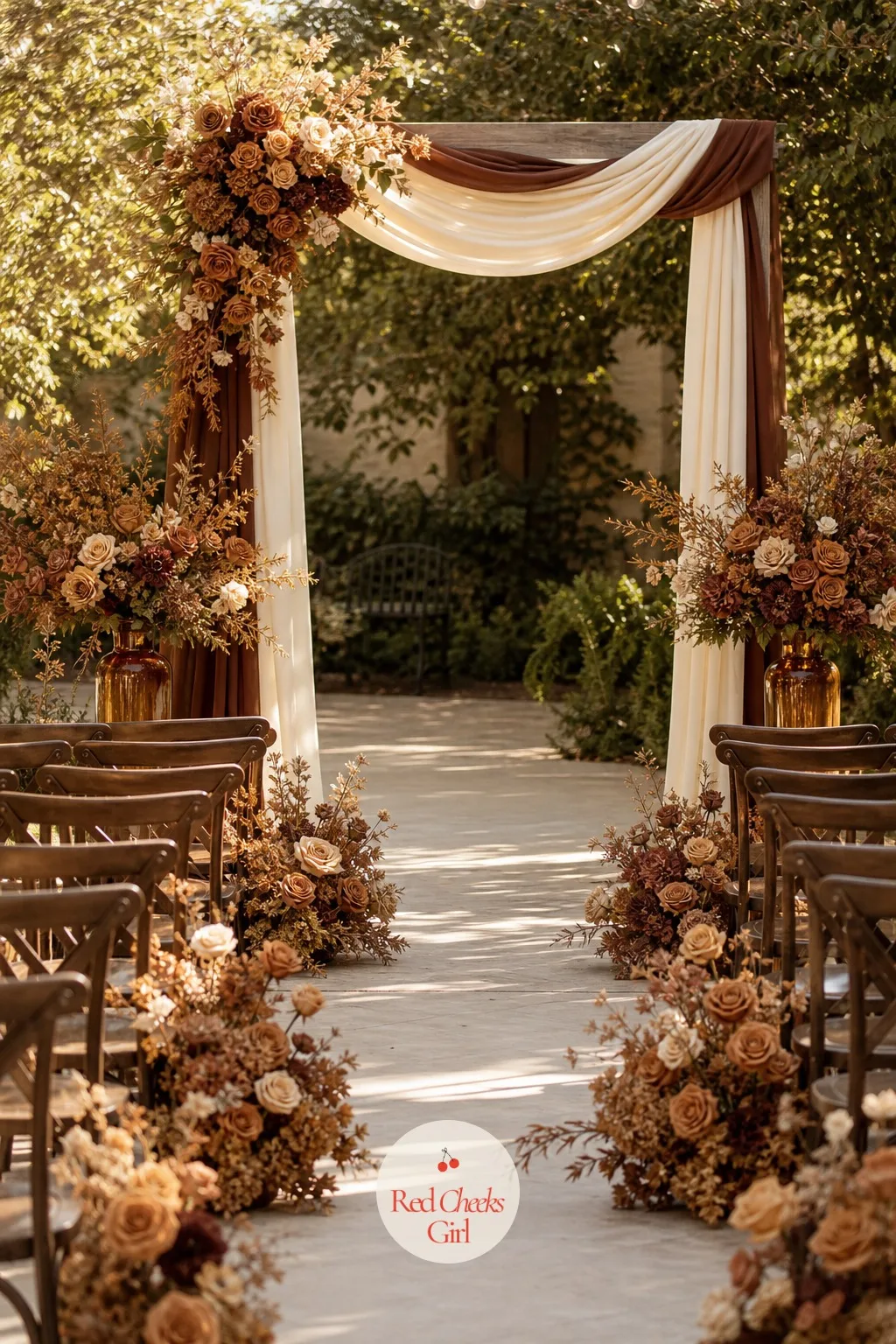 Flower Girl in Cream with a Caramel Sash — Walking just ahead of the bride, she wears cream rather than brown, with one caramel satin sash tied at the waist to