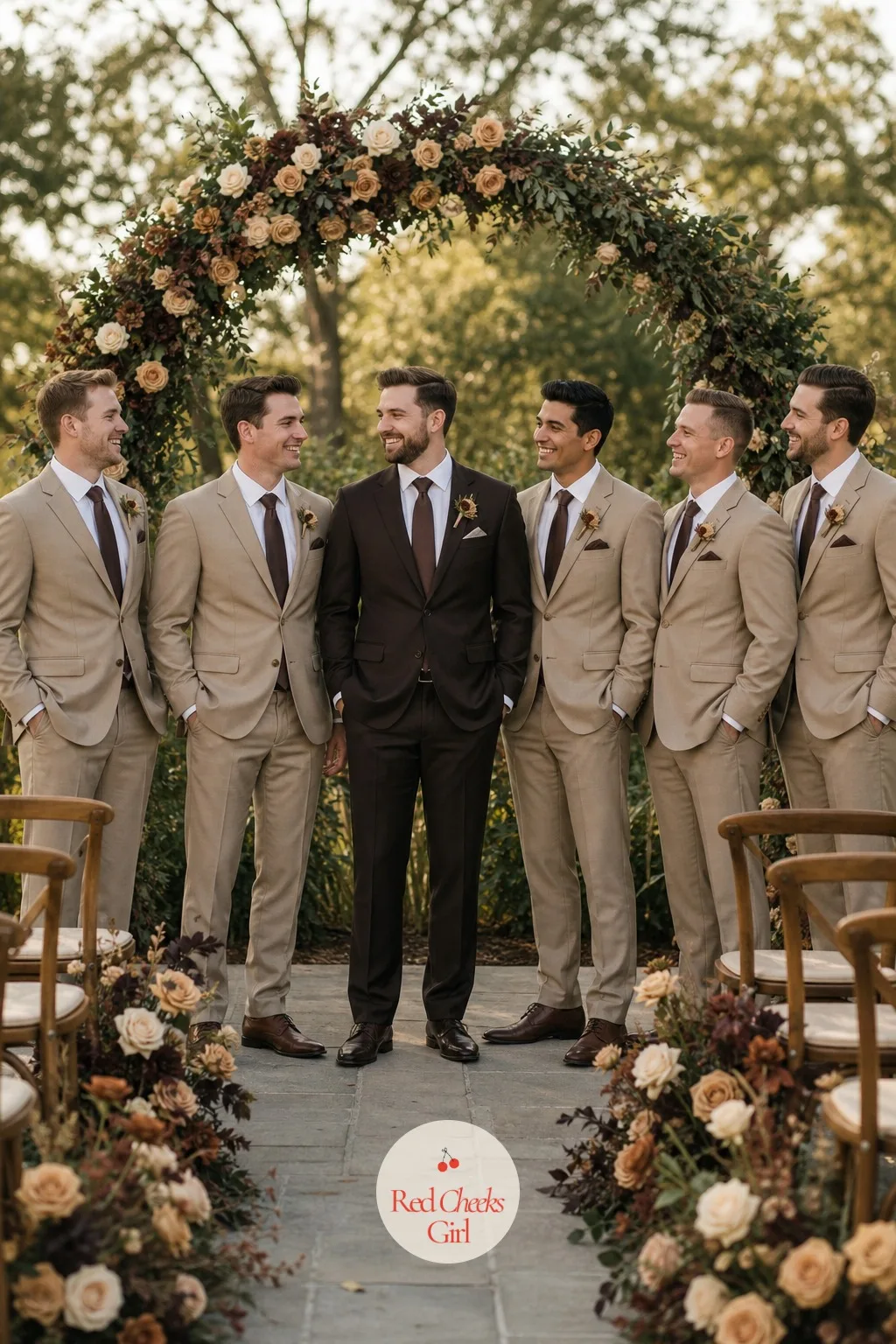Groom and Groomsmen in Chocolate and Tan Suits — Standing at the arch or lined up for photos, the groom wears the deepest shade in the room, while the
