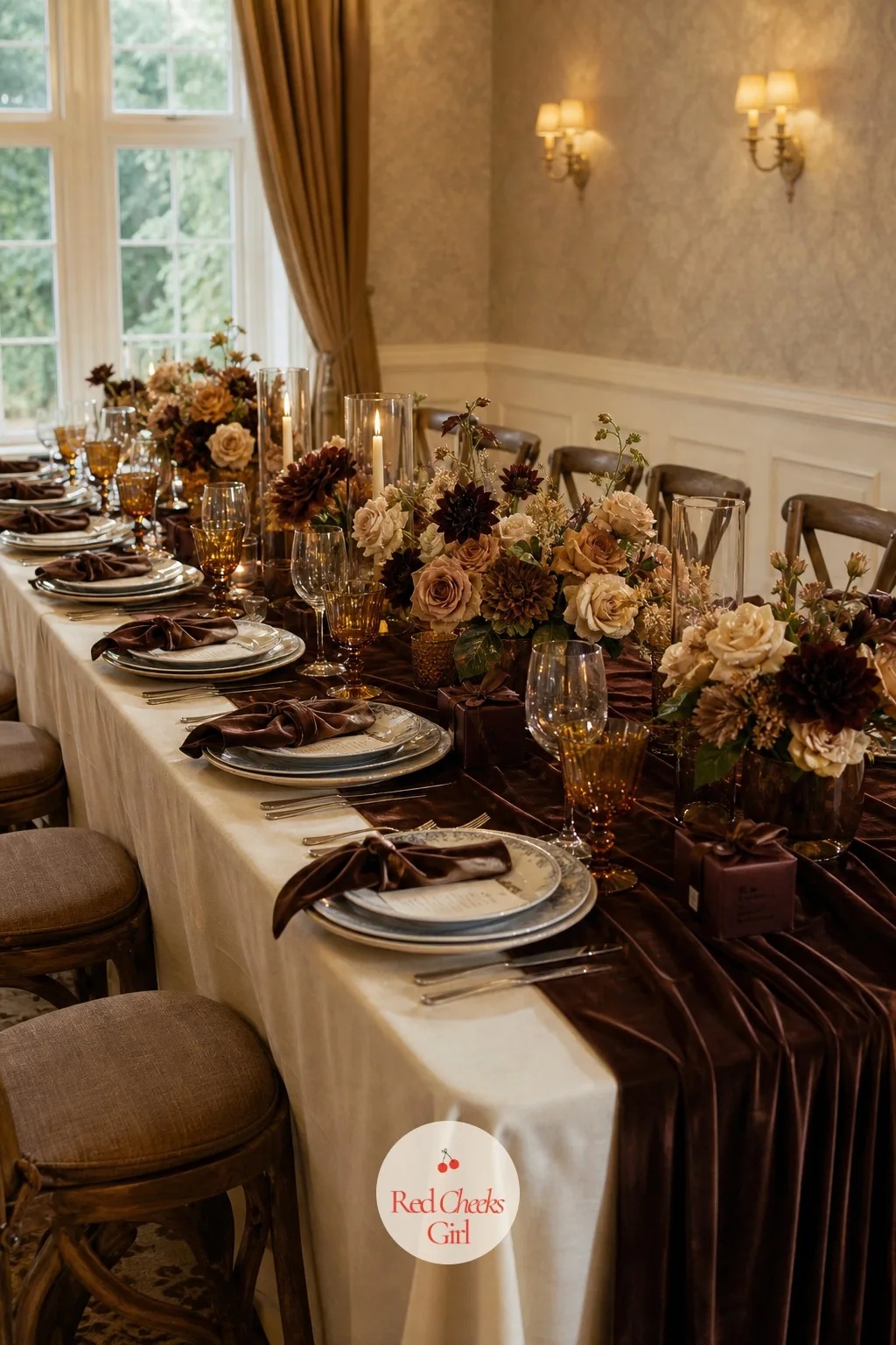 Long Tables in Chocolate Velvet Runners on Cream Tablecloths — This is the base every other table detail sits on, running the length of the reception room