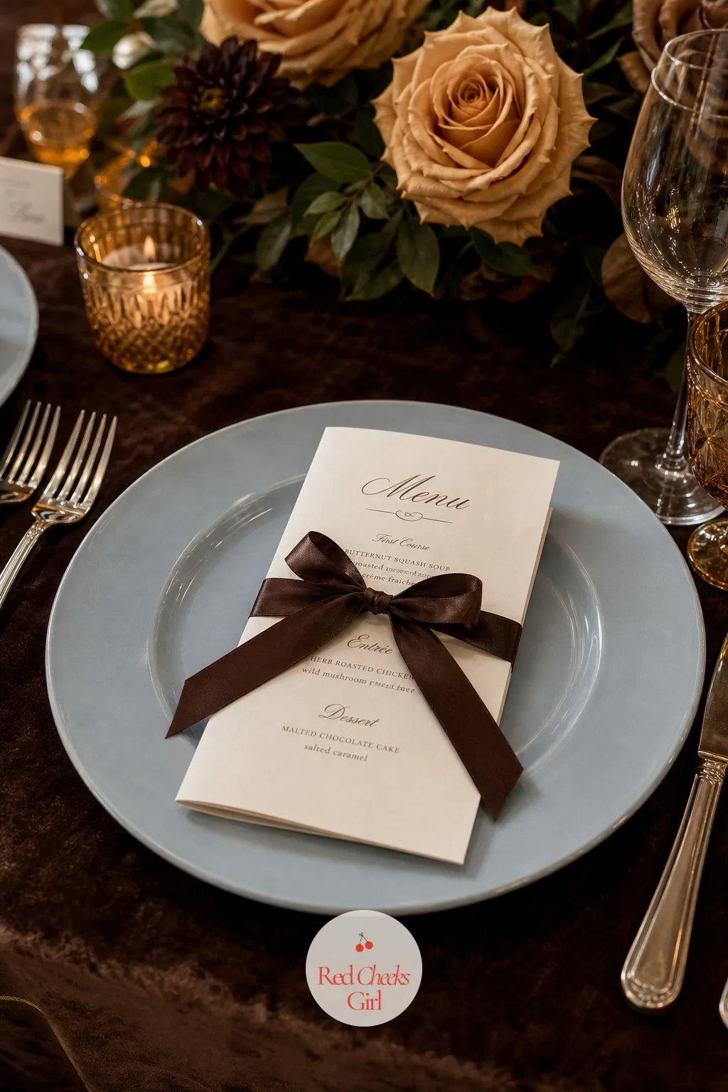 Menus Tied in Brown Satin Ribbon — Standing or lying flat at each place, this is the card a guest actually reads while waiting for the first course. Brown