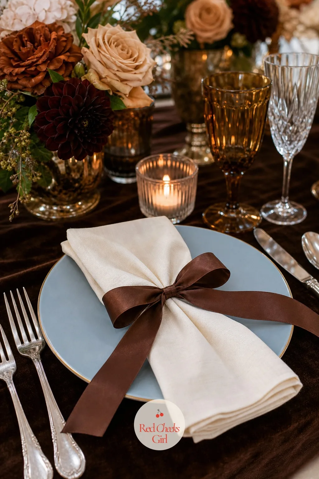 Napkin Rings in Brown Satin Ribbon — Tied around each folded cream napkin, this is the smallest detail on the table and also one of the cheapest to get exactly
