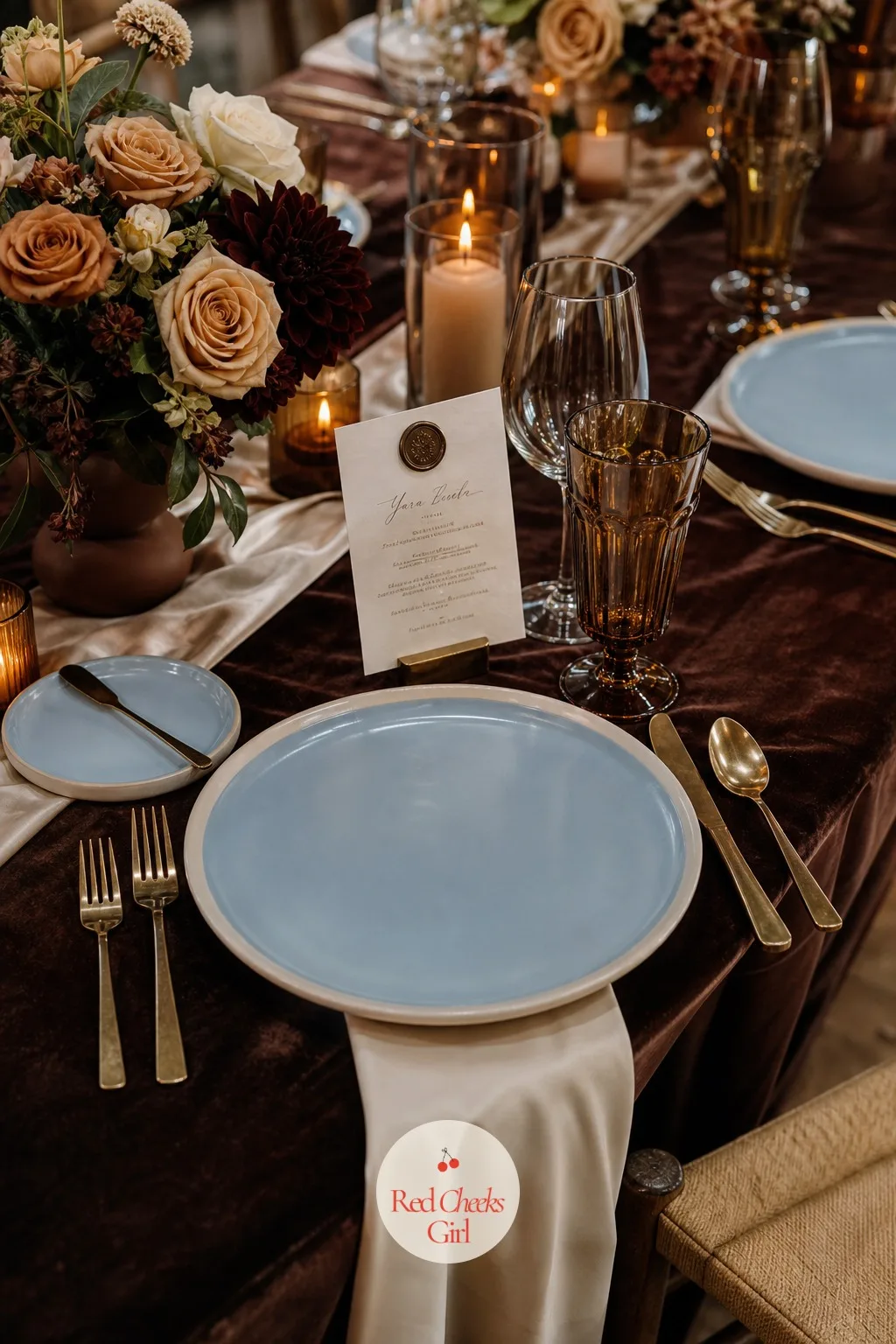 Powder Blue China at Every Place Setting — Sitting directly on the velvet runner at every place, this is the one cool note against all the warm brown around