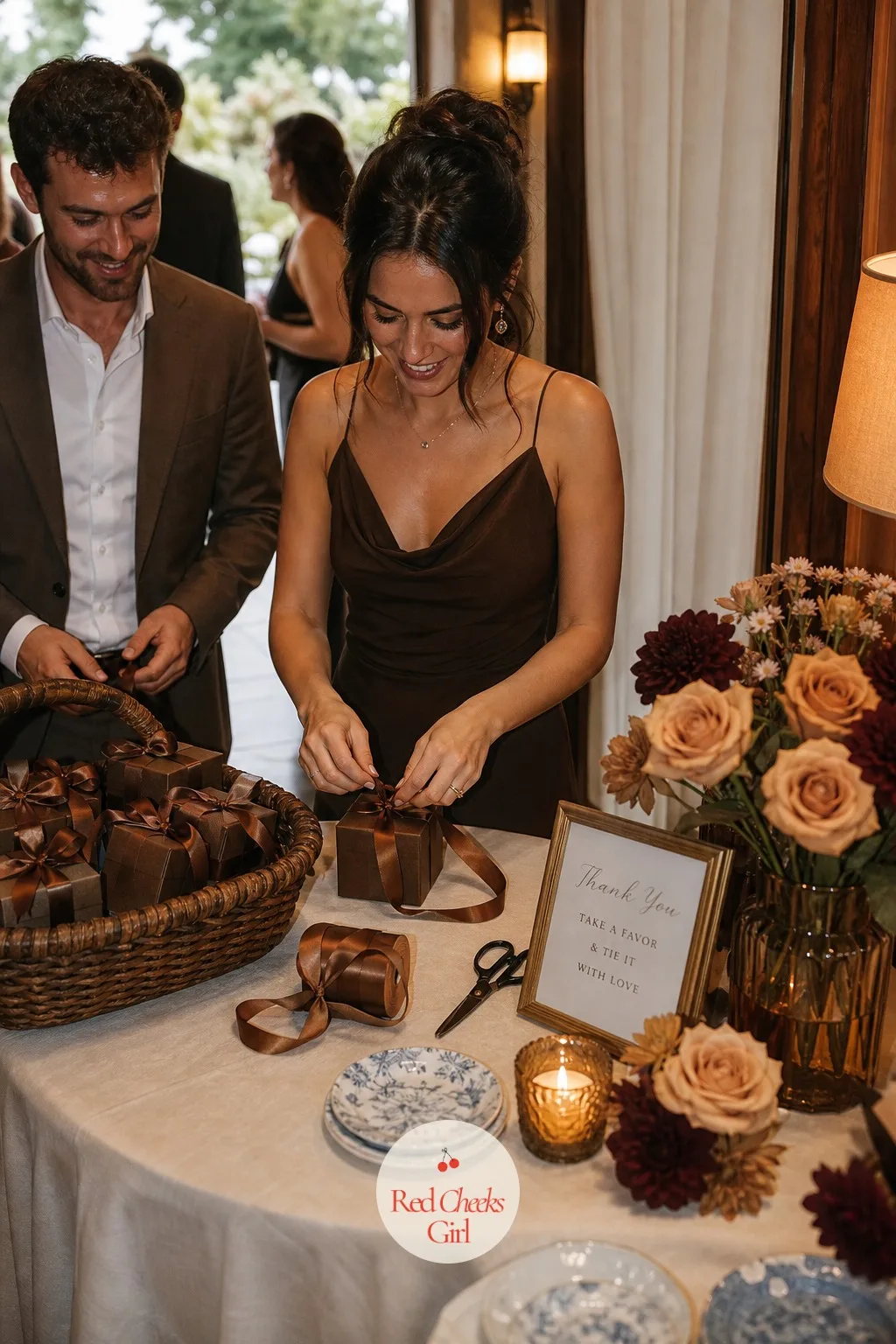 Ribbon-Tying Favor Station — Set near the exit, this turns the favor into a small activity instead of a grab-and-go table, and it slows guests down just enough