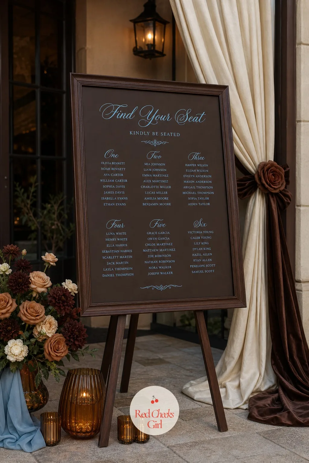 Seating Chart Board in Chocolate and Powder Blue — Standing near the entrance to the reception, this is where every guest pauses to find their table, so it
