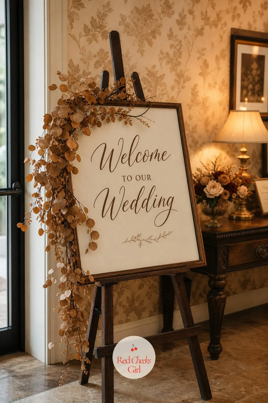Welcome Sign Framed in Toffee Foliage — Standing on an easel at the entrance, this is the first object guests read, so the wording matters as much as the